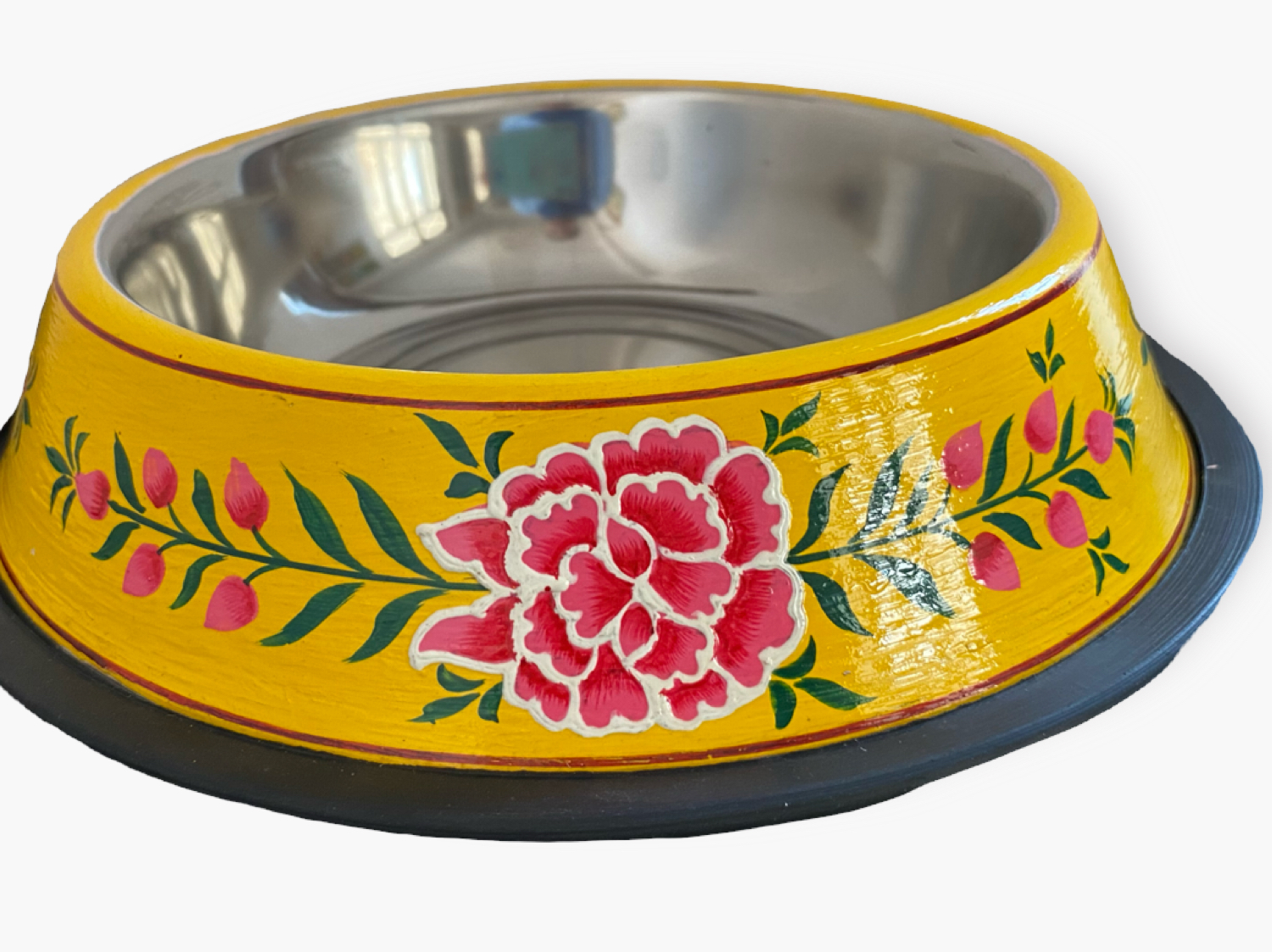 Hand Painted Pet Food Bowl: Yellow Floral
