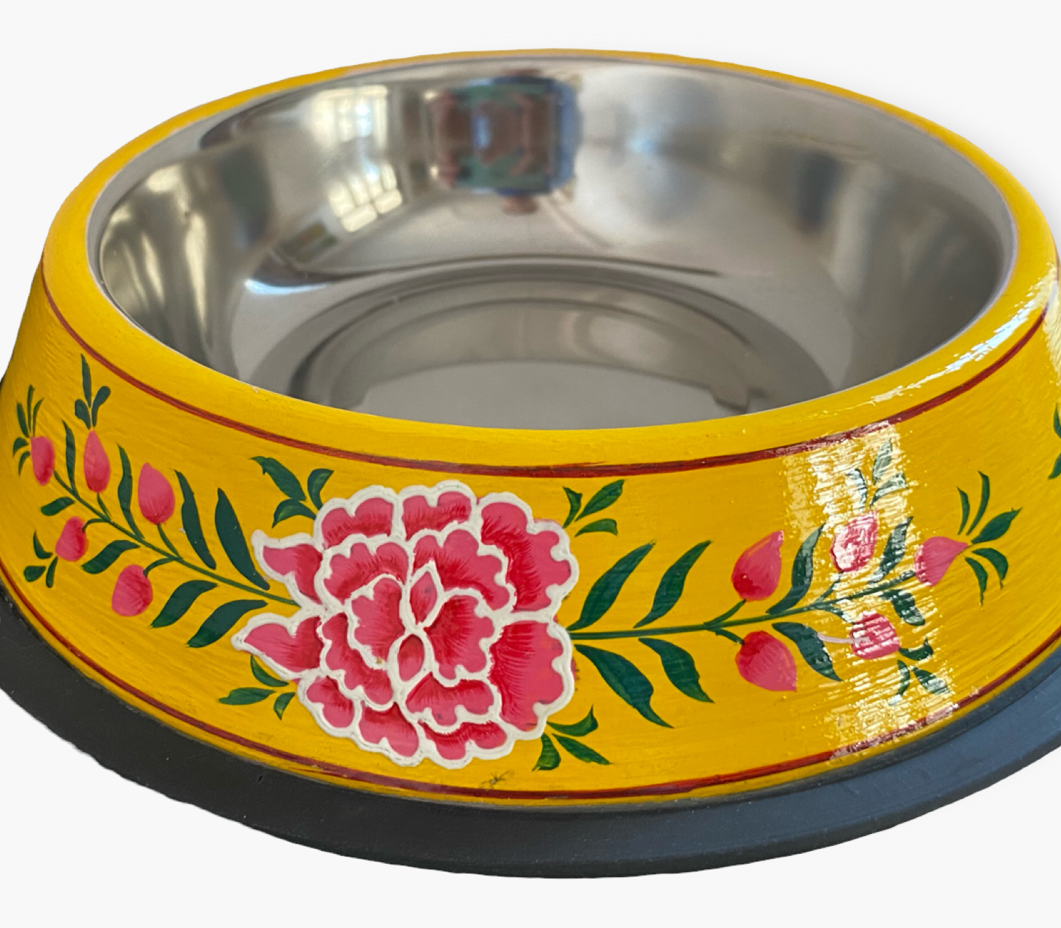 Hand Painted Pet Food Bowl: Yellow Floral