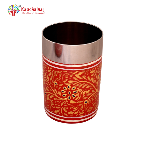 Red Hand Painted Steel Dinner Set 36 Pieces | Dinner Plate, Quarter plate, Bowl, Glass, Spoon- Fork