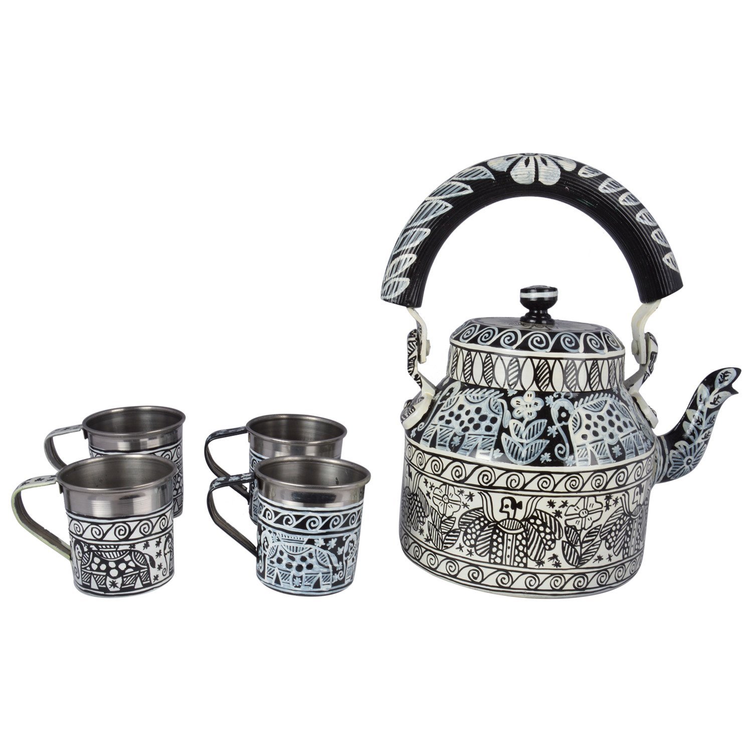 Kaushalam Tea kettle with cups : "Black & White tea kettle with 4 tea cups" Kaushalam Tea kettle with cups : "Black & White tea kettle with 4 tea cups"