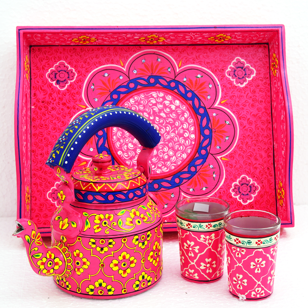 Kaushalam Hand Painted Tea set with tray & 2 Tea Glasses : Fuchsia