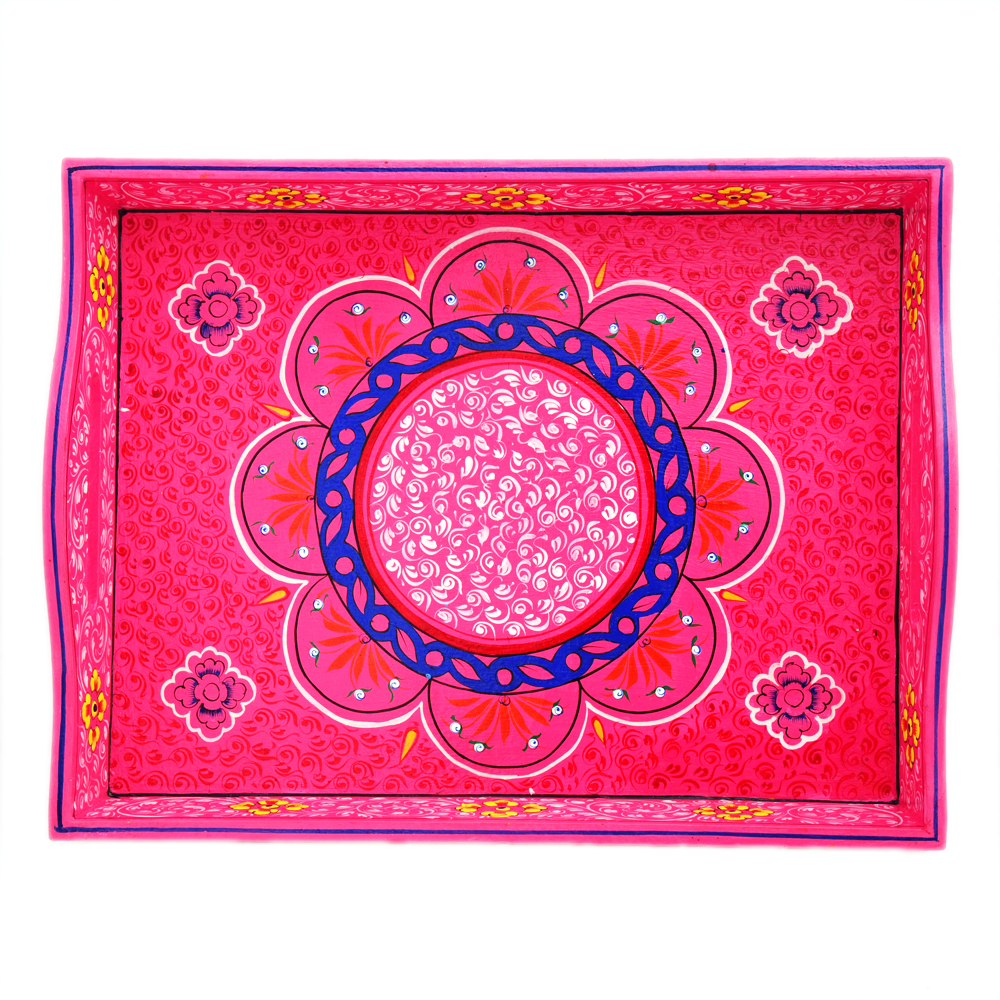 Kaushalam Hand Painted Tea set with tray & 2 Tea Glasses : Fuchsia