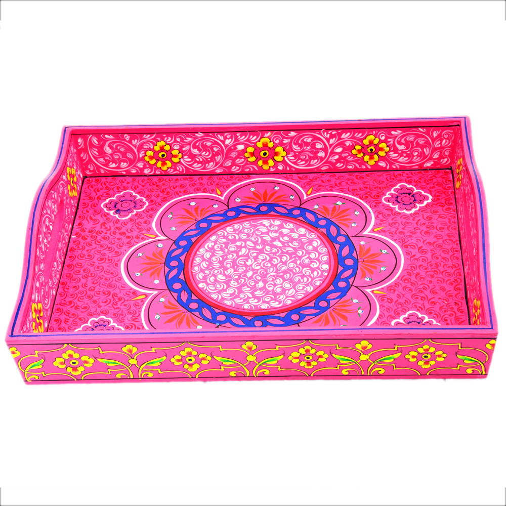 Kaushalam Hand Painted Tea set with tray & 2 Tea Glasses : Fuchsia