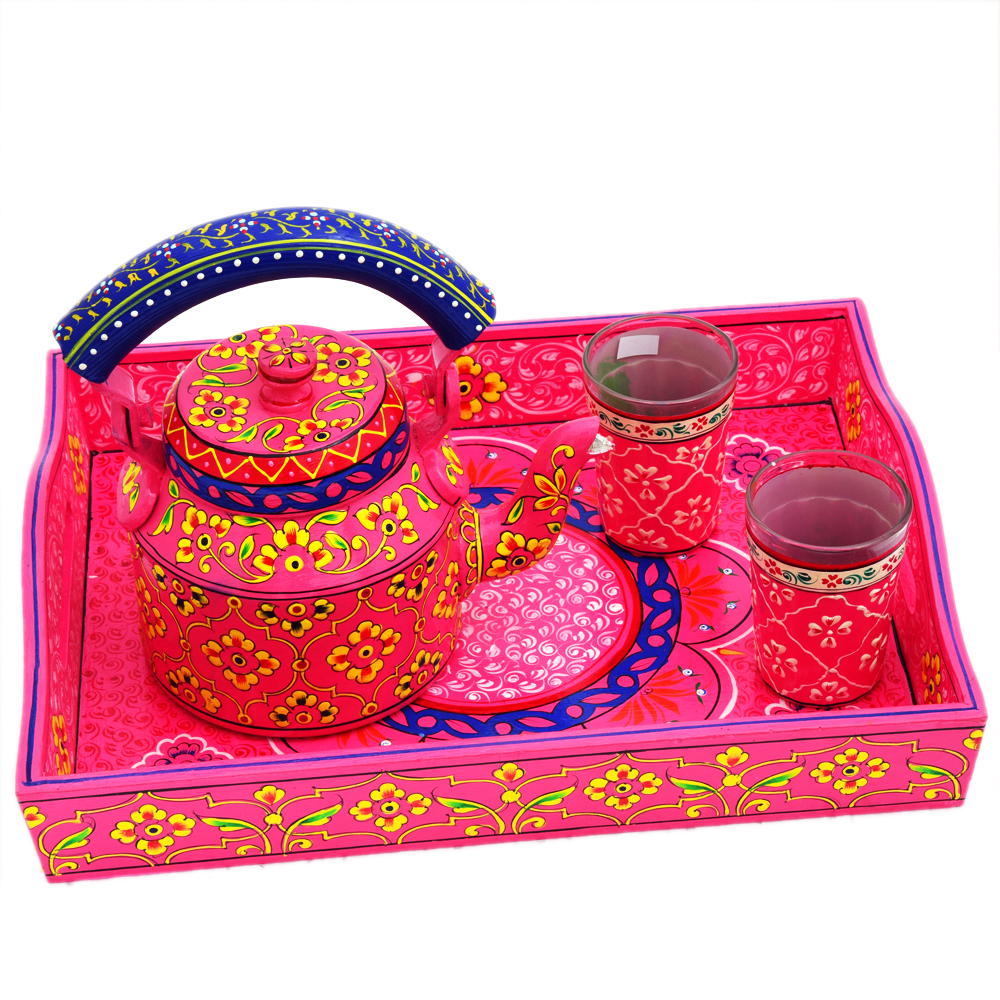 Kaushalam Hand Painted Tea set with tray & 2 Tea Glasses : FuchsiaEdit