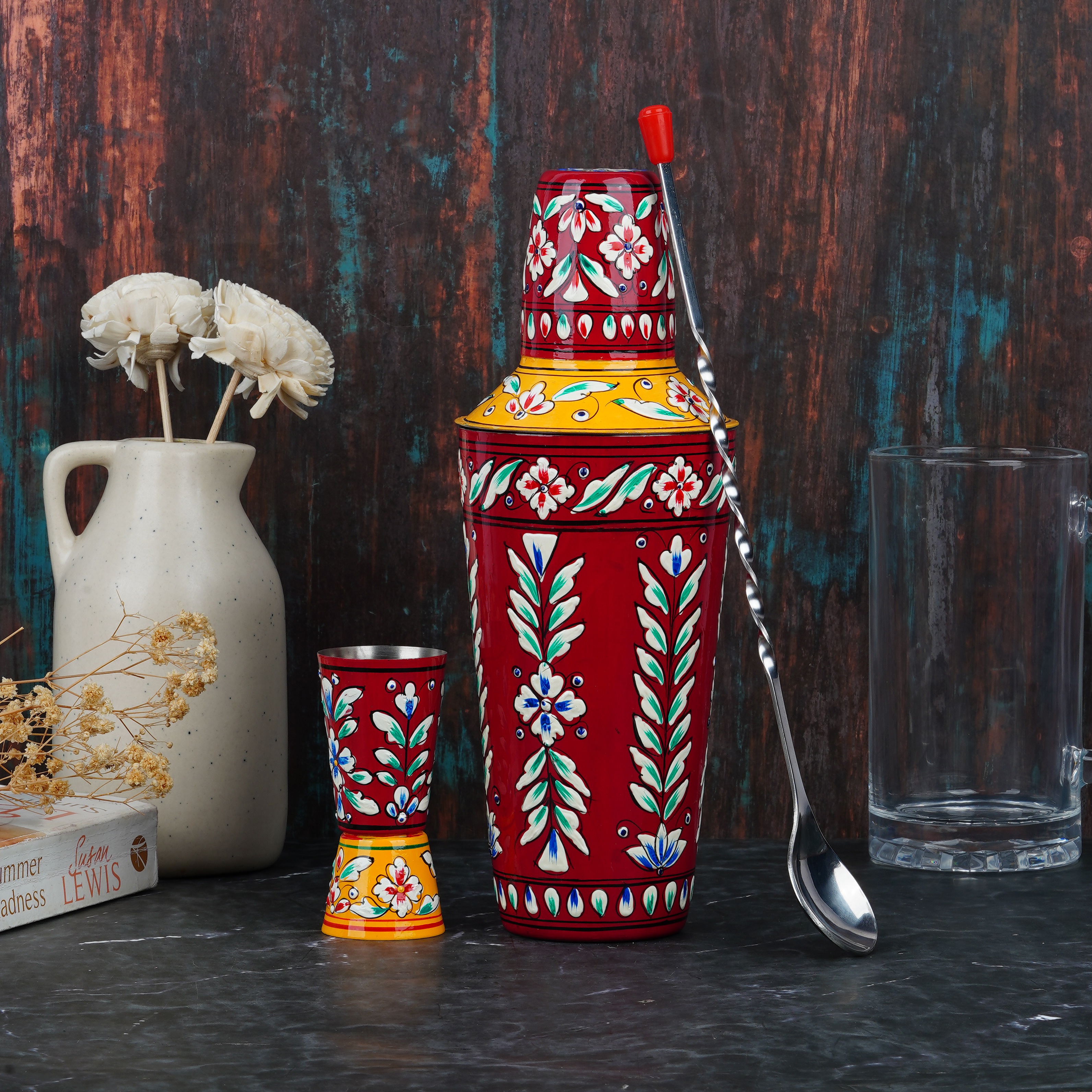 Hand Painted Cocktail Shaker : Red & Yellow