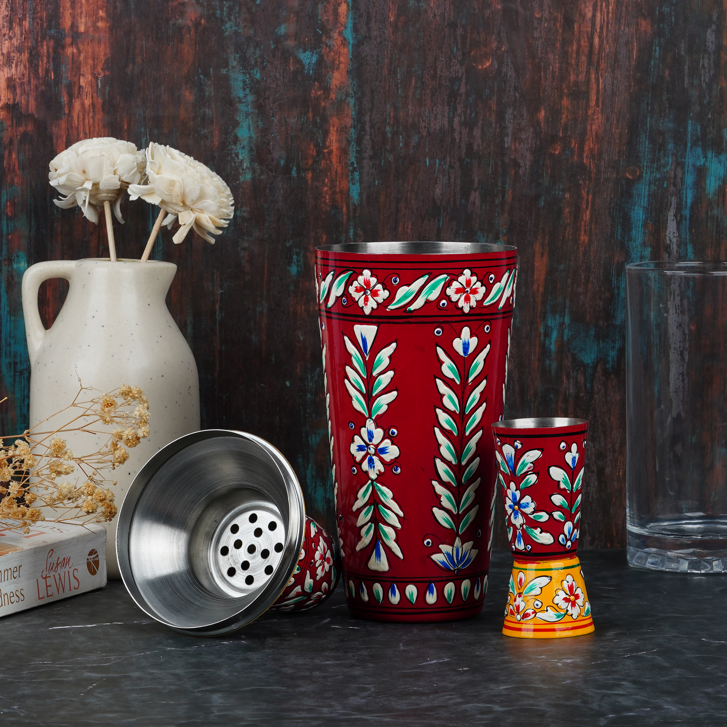Hand Painted Cocktail Shaker : Red & Yellow