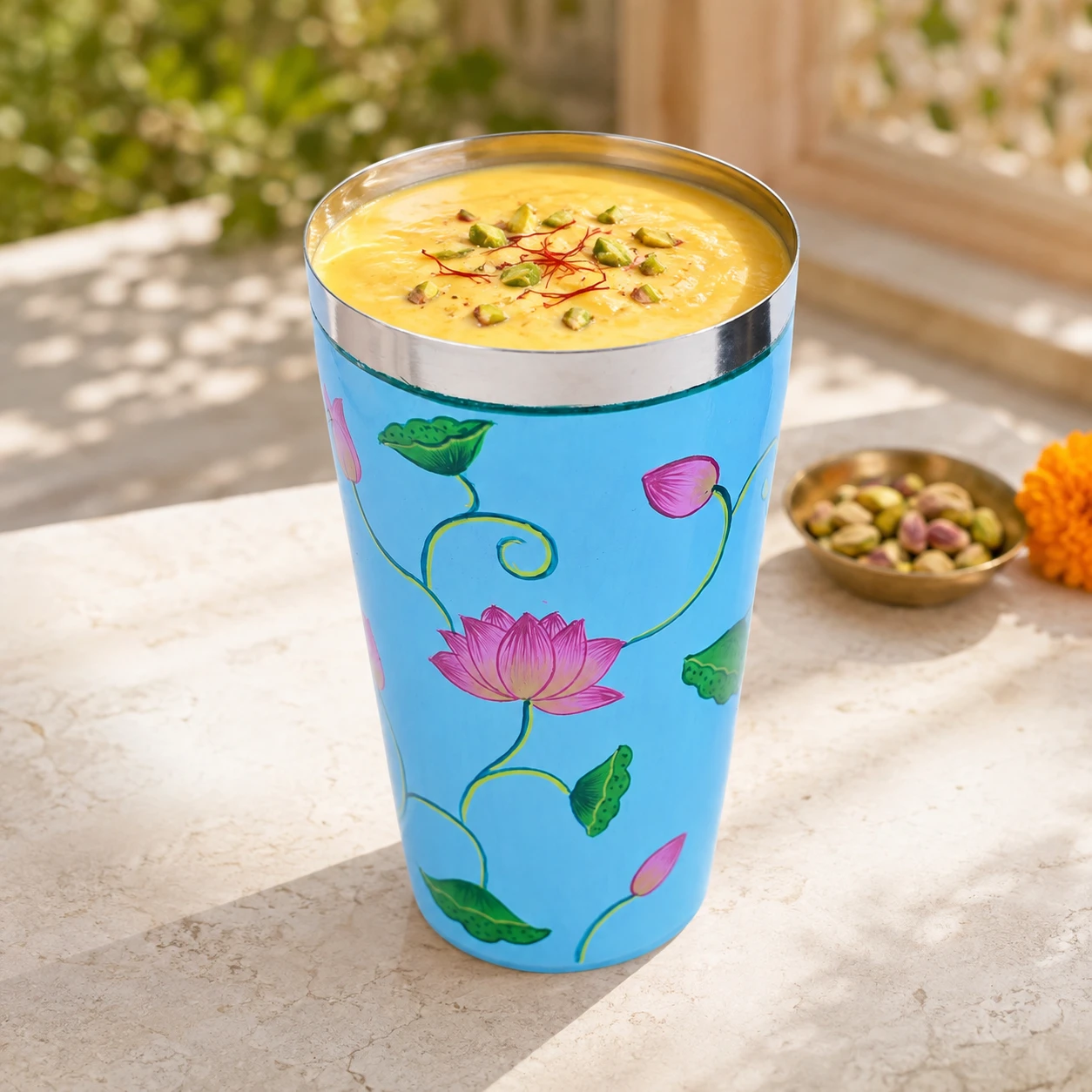 Hand Painted Tumbler- Steel Glass, Tall lassi glasses, 600 ml