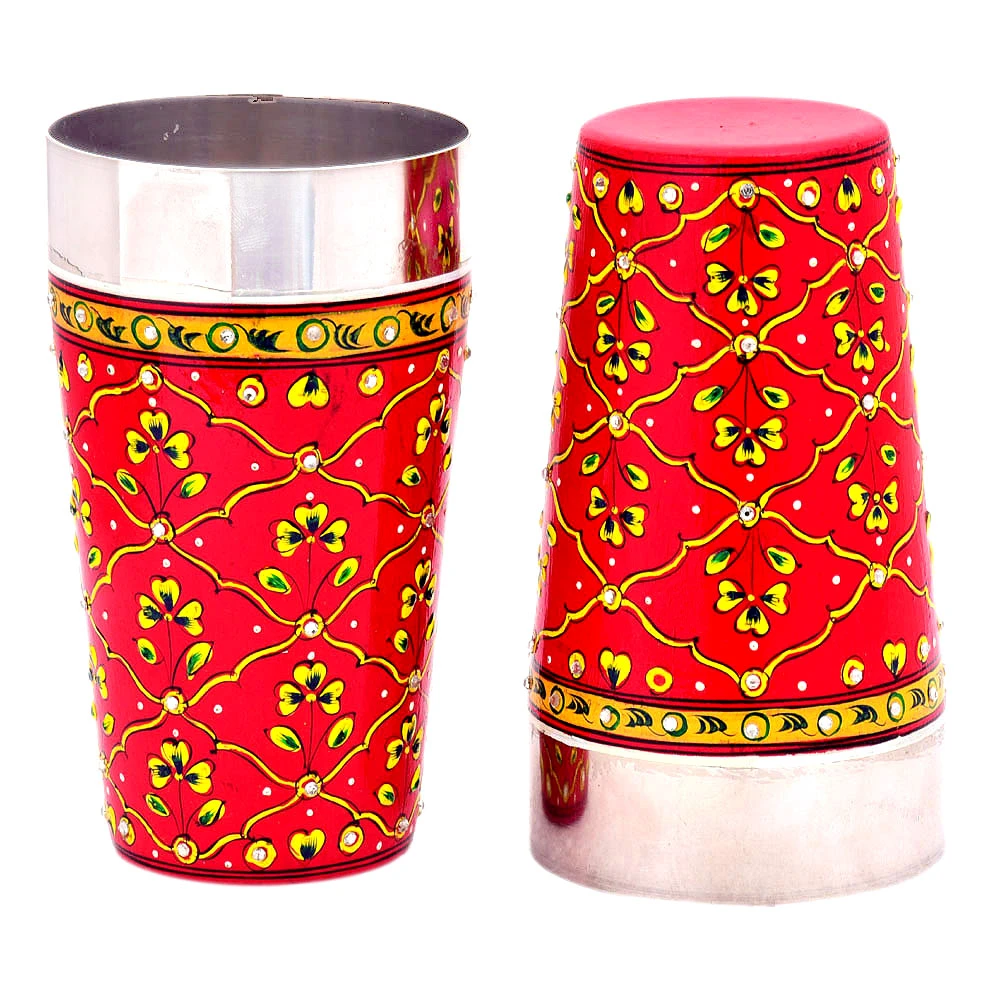 Hand Painted Tumbler- Red set of 2 Steel Glass, Tall lassi glasses, 600 ml