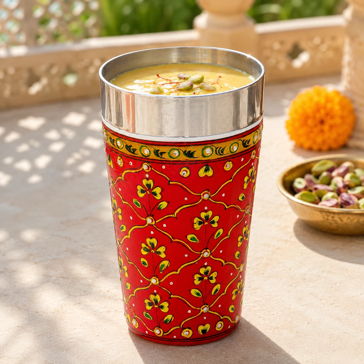Hand Painted Tumbler- Red set of 2 Steel Glass, Tall lassi glasses, 600 ml