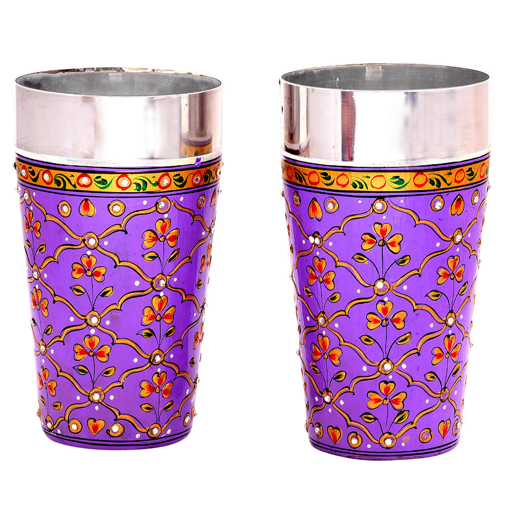 Hand Painted Tumbler set of 2 Steel Glass, Tall lassi glasses, 600 ml : Purple