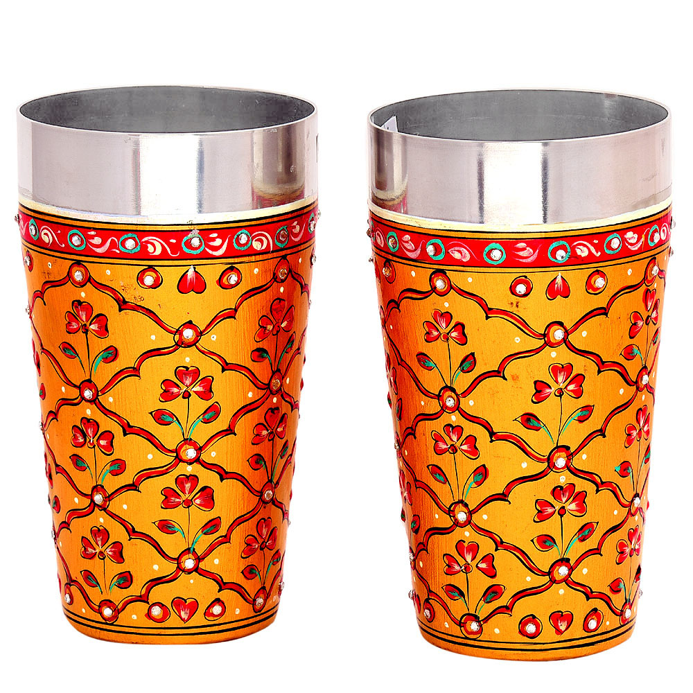 Hand Painted Tumbler set of 2 Steel Glass, Tall lassi glasses, 600 ml : Golden
