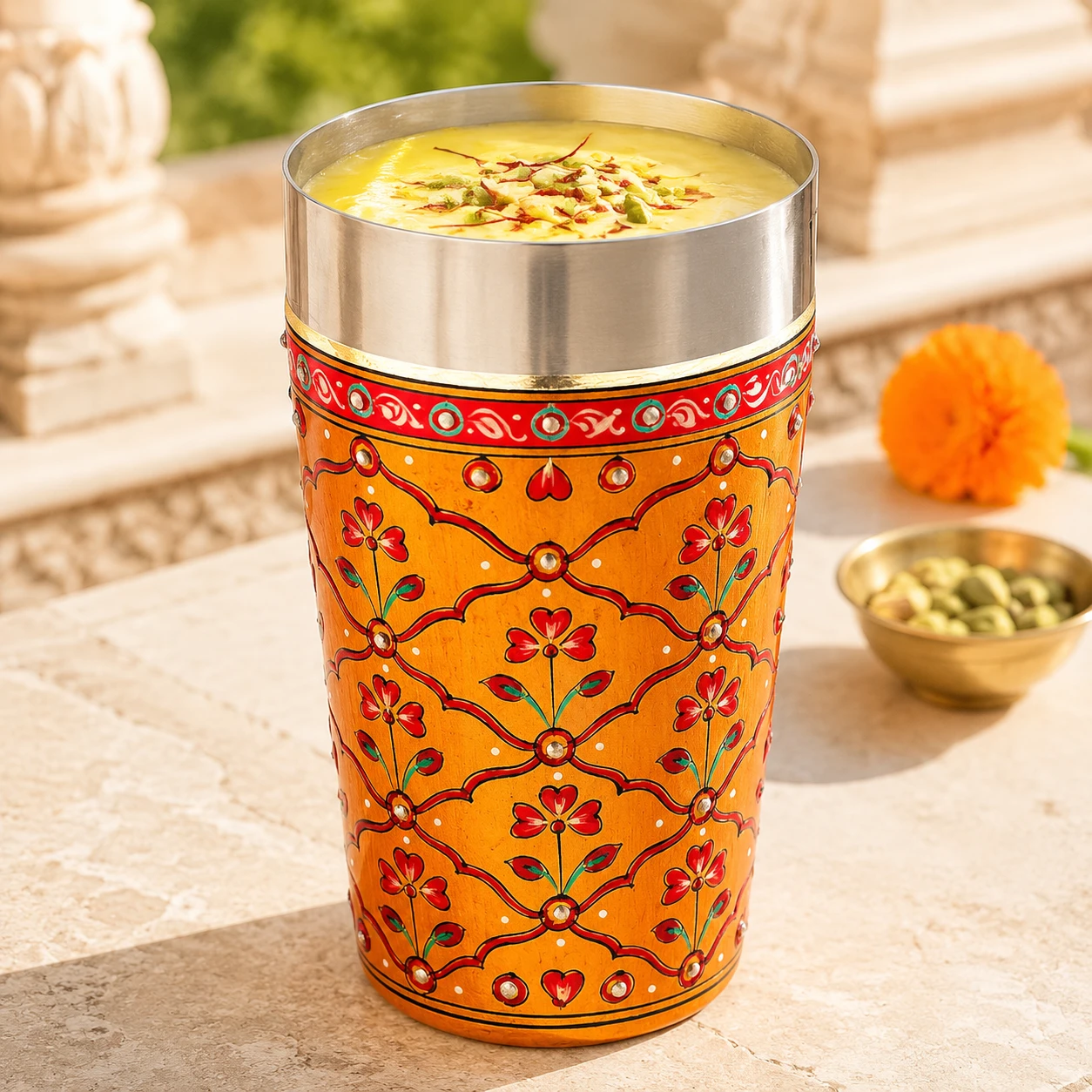 Hand Painted Tumbler set of 2 Steel Glass, Tall lassi glasses, 600 ml : Golden
