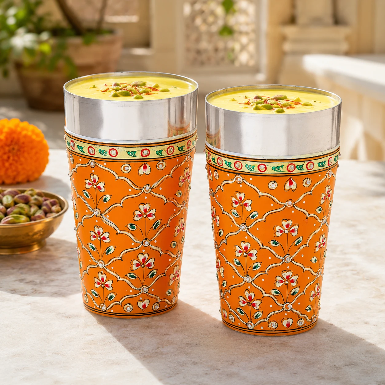 Hand Painted Tumbler set of 2 Steel Glass, Tall lassi glasses, 600 ml : Orange