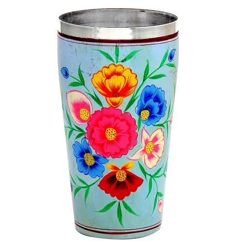 Hand Painted Tumbler set of 2 Steel Glass, Tall lassi glasses, 600 ml : Floral Sea Green