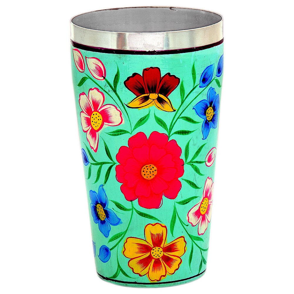 Hand Painted Tumbler Steel Glass, Tall lassi glasses, 600 ml : Floral
