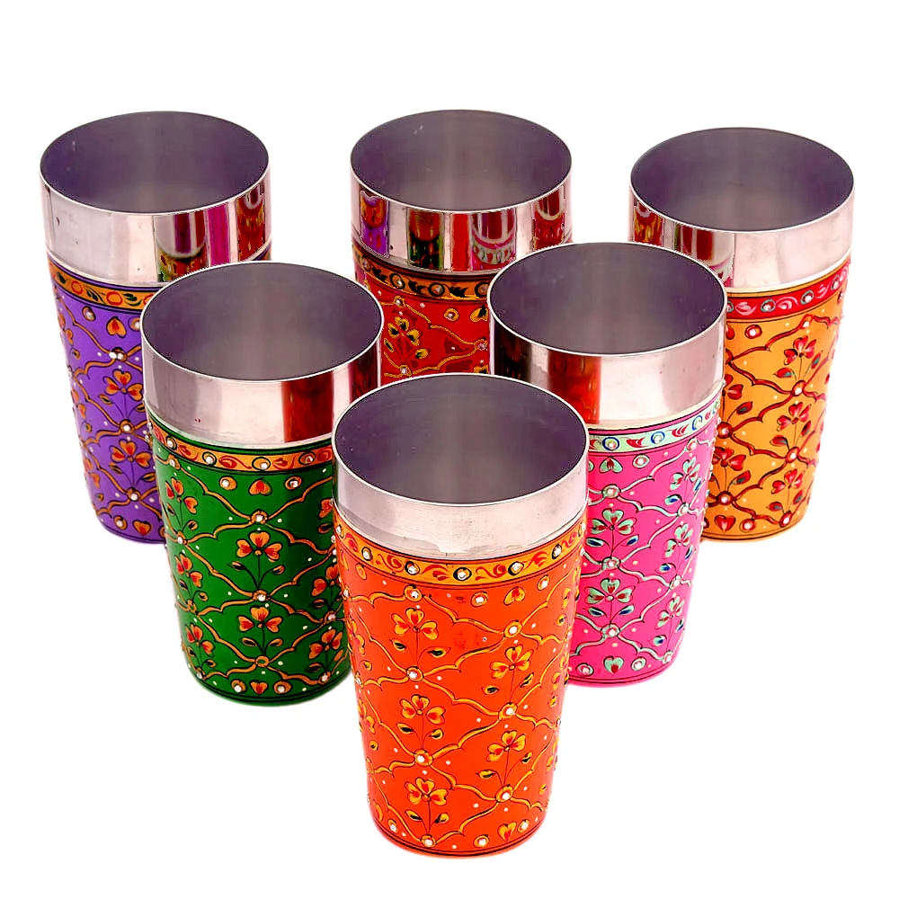 Hand Painted Tumbler set of 6 Steel Glass, Tall lassi glasses, 600 ml : Green