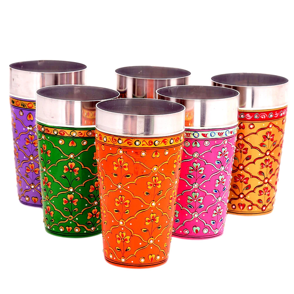 Hand Painted Tumbler set of 6 Steel Glass, Tall lassi glasses, 600 ml : Green