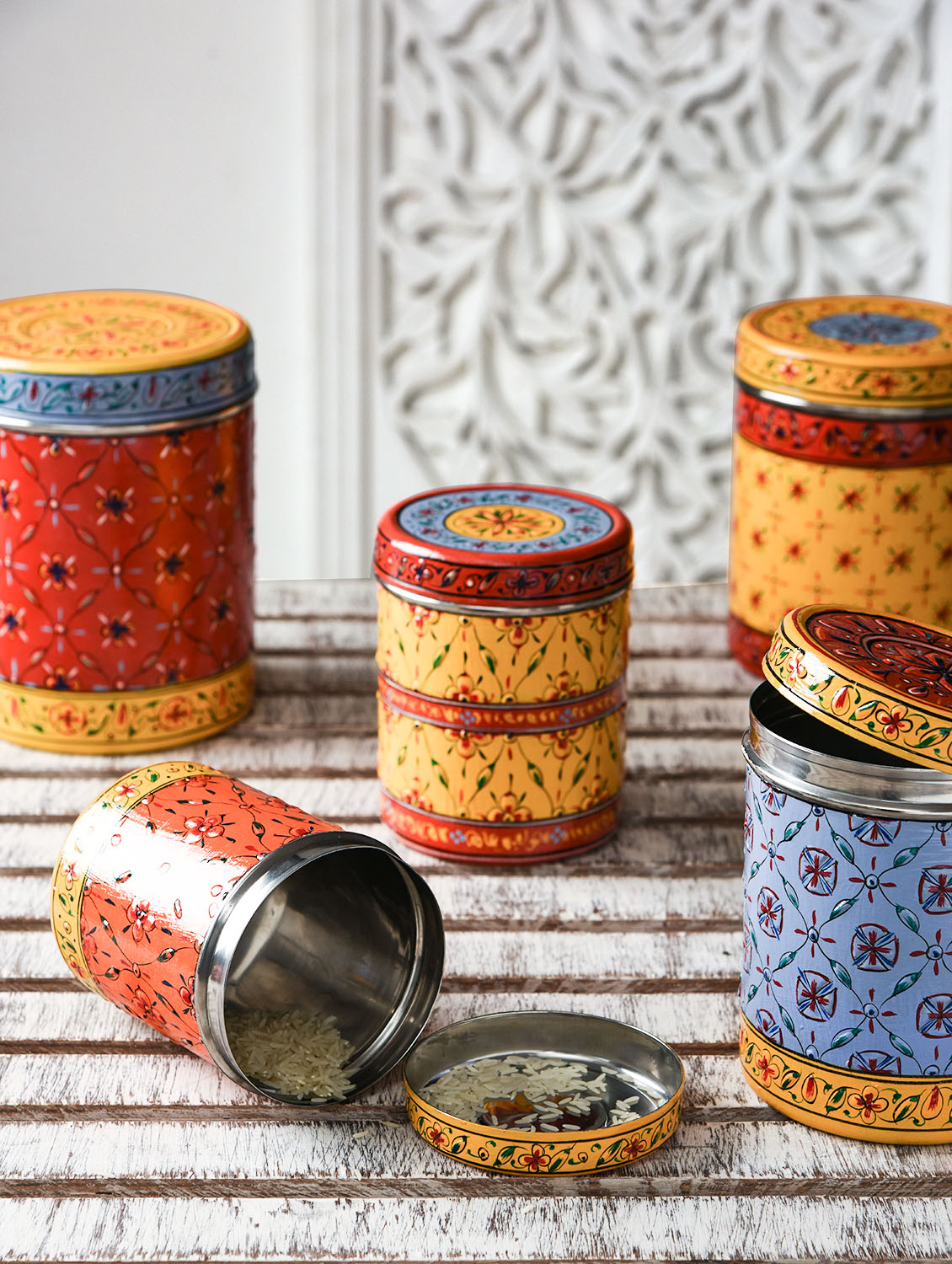 RANGREZ – Hand-Painted Stainless Steel Canister Set (Set of 5)