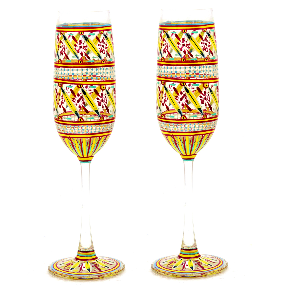 Hand-painted champagne glasses set of 2 with traditional Indian folk art by Kaushalam