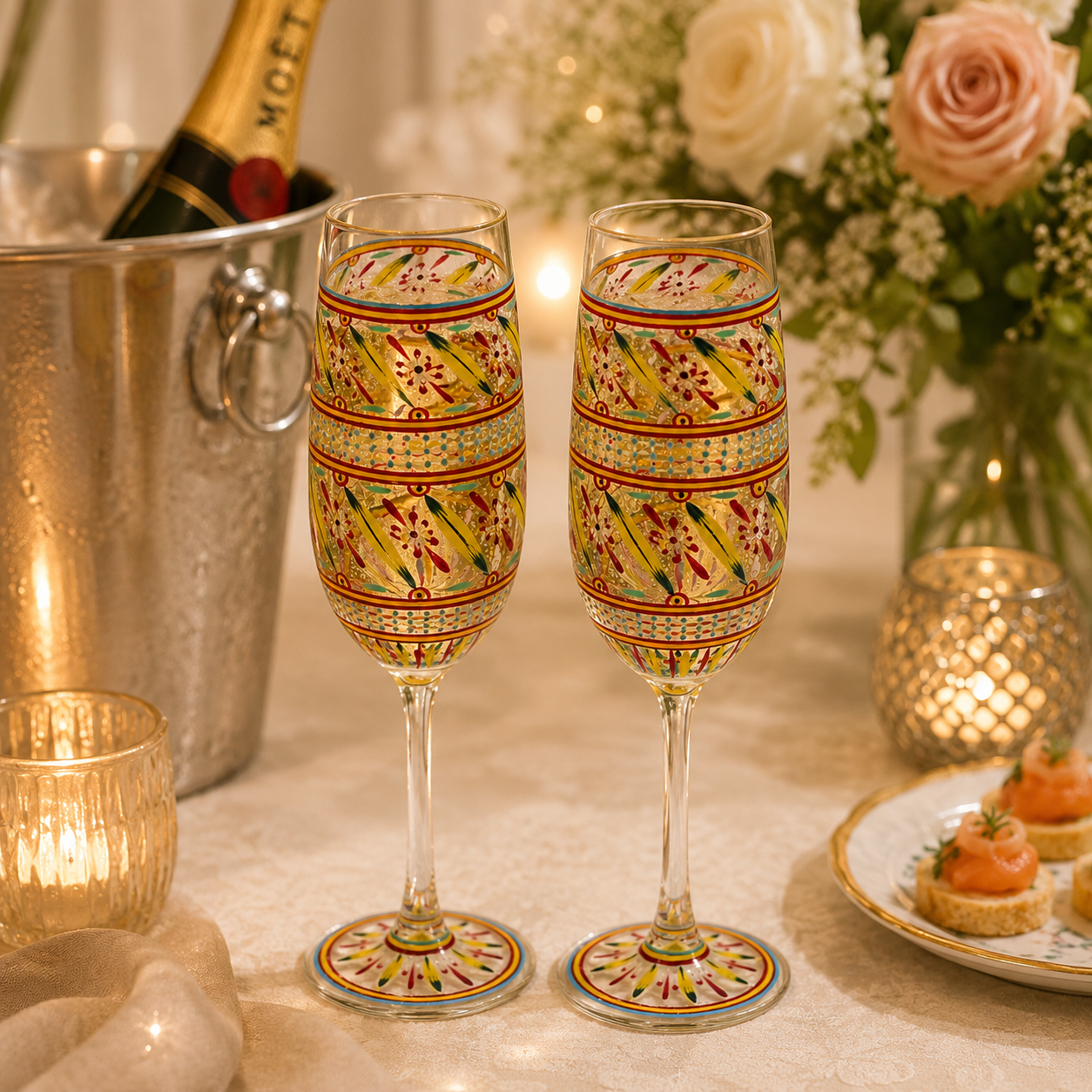 Hand-painted champagne glasses set of 2 with traditional Indian folk art by Kaushalam