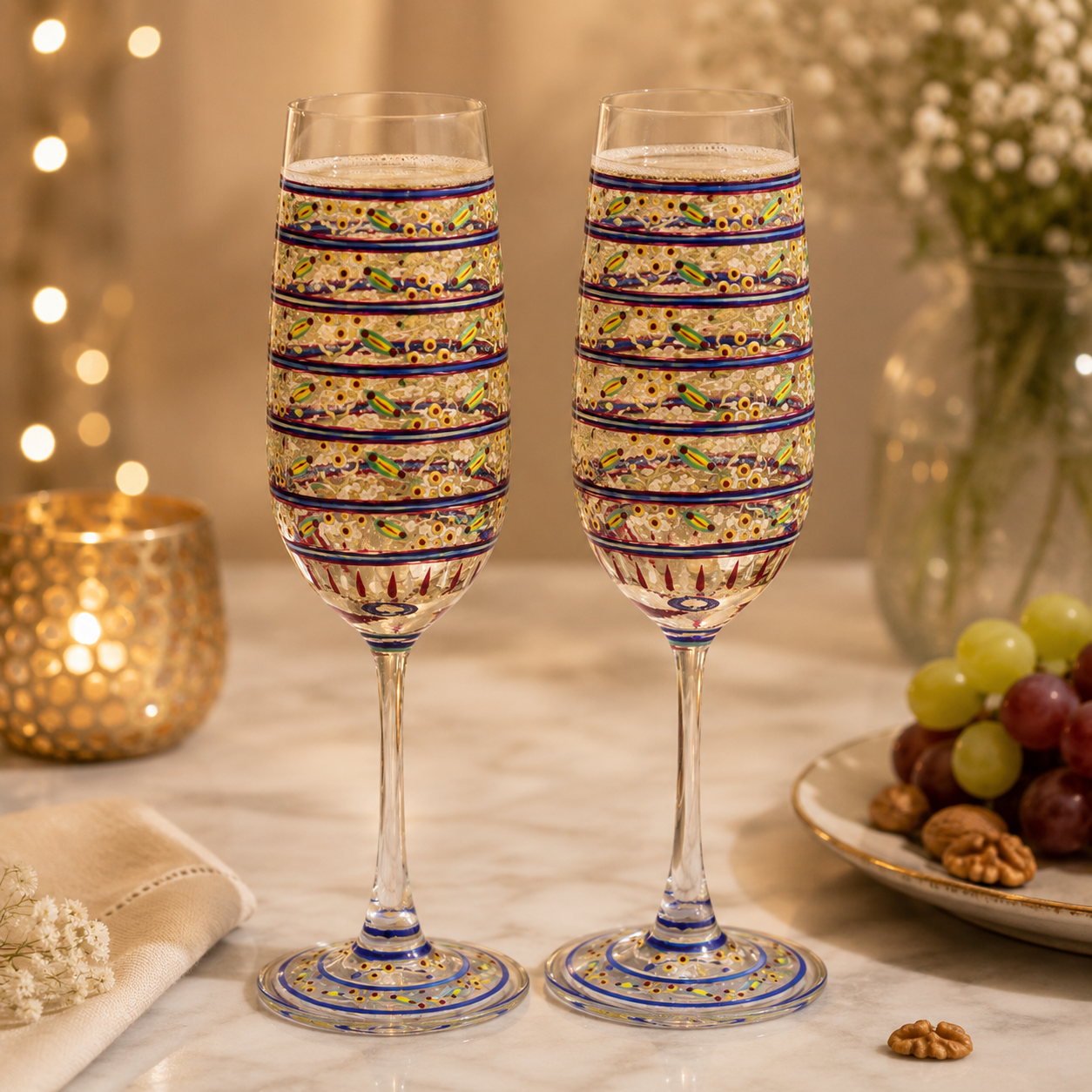 Hand-painted champagne glasses set of 2 with traditional Indian folk art by Kaushalam