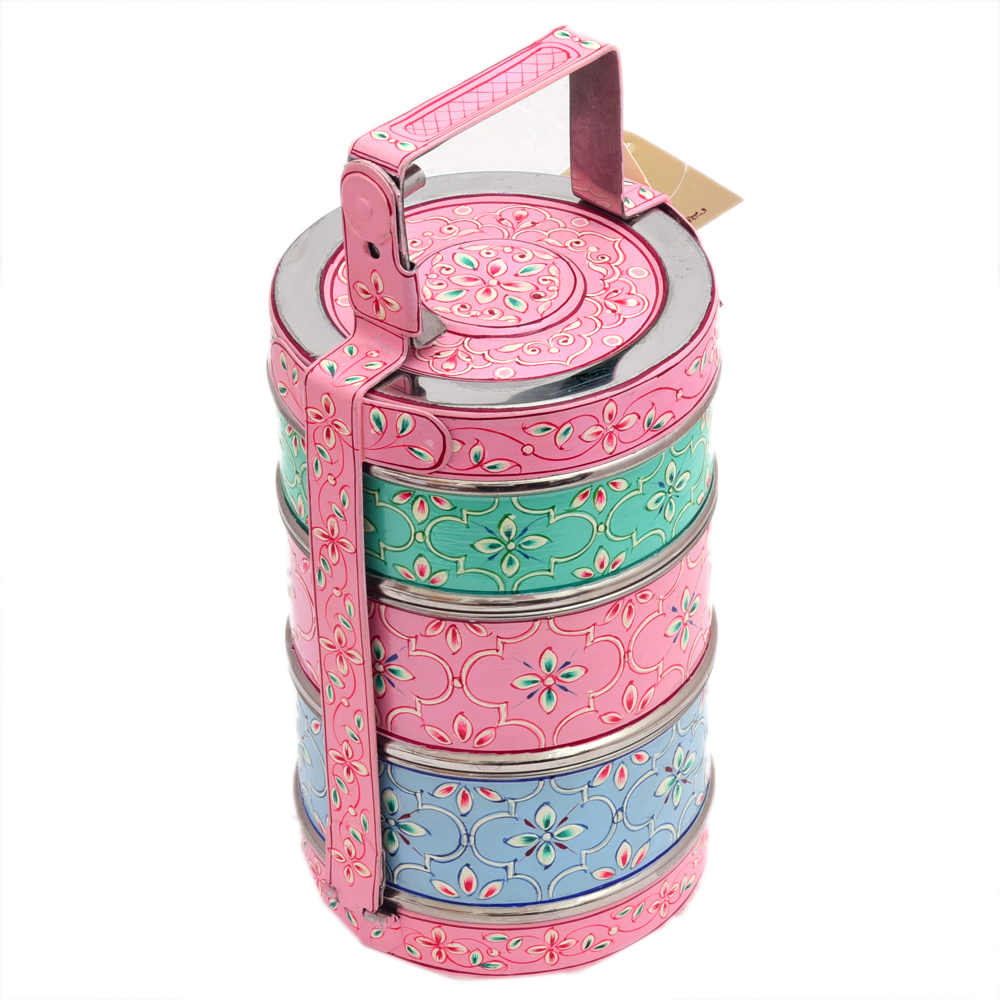 Hand Painted 3-Tier Lunch Box – Indian-Style Tiffin Carrier | Mumbai Dabba | Metal Washable Lunch Box | Straight Stack Design