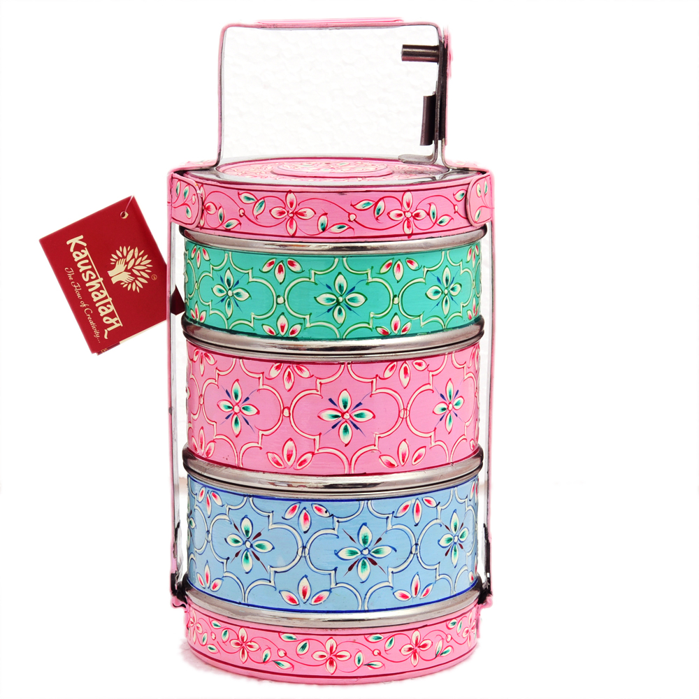 Hand Painted 3-Tier Lunch Box – Indian-Style Tiffin Carrier | Mumbai Dabba | Metal Washable Lunch Box | Straight Stack Design