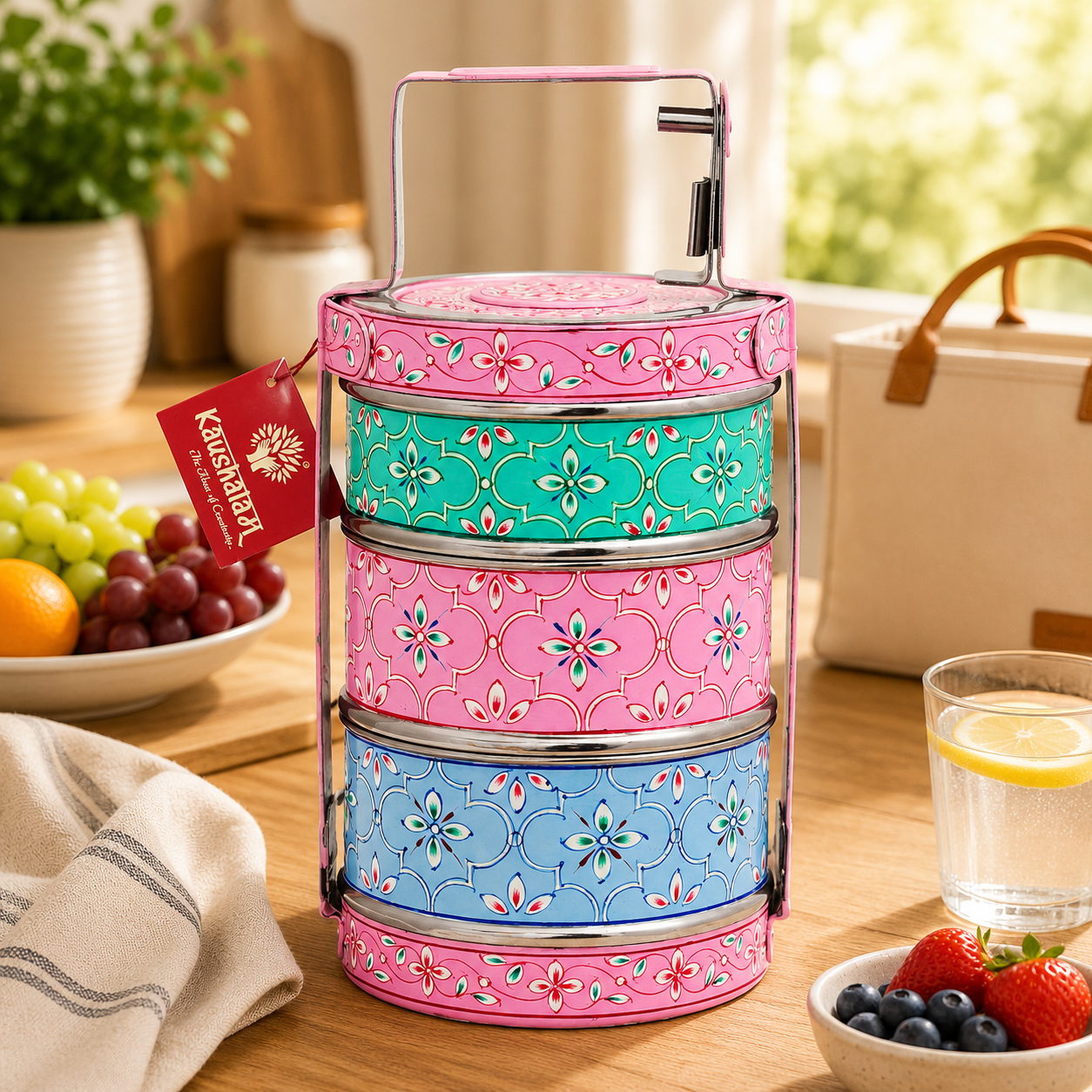 Hand Painted 3-Tier Lunch Box – Indian-Style Tiffin Carrier