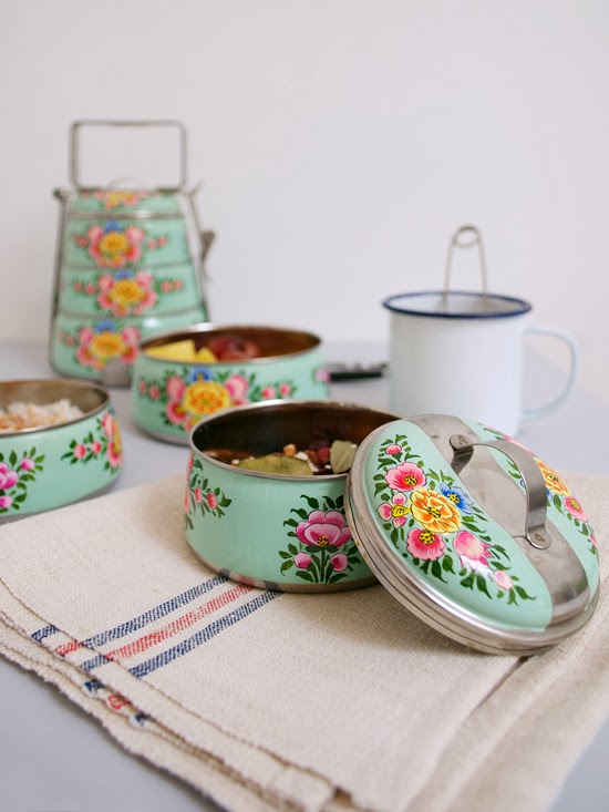 Hand Painted Steel Pyramid Tiffin- 3 Container: Light Green Hand Painted Steel Pyramid Tiffin- 3 Container: Light Green