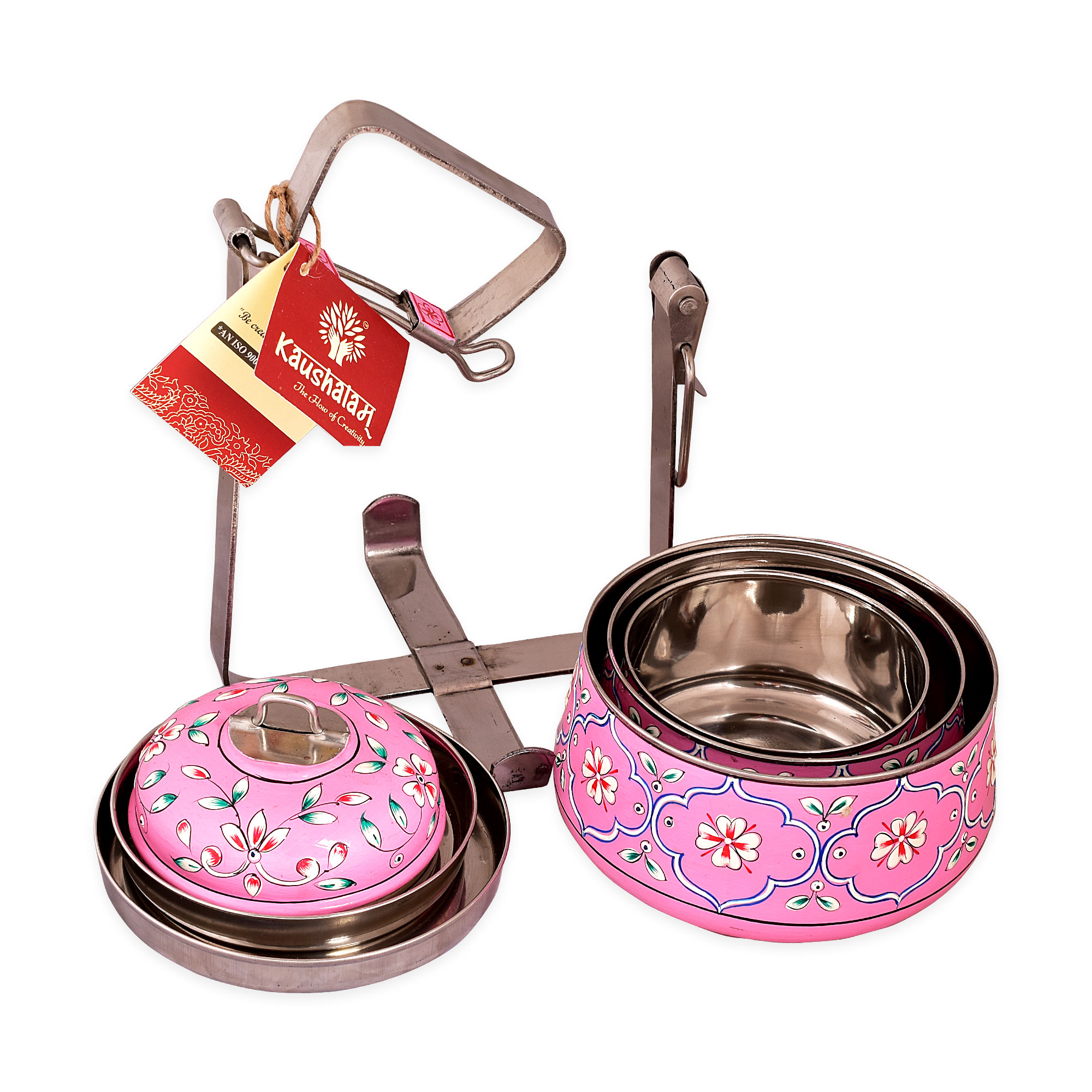 Hand Painted Steel Pyramid Tiffin- 3 Container: Pink