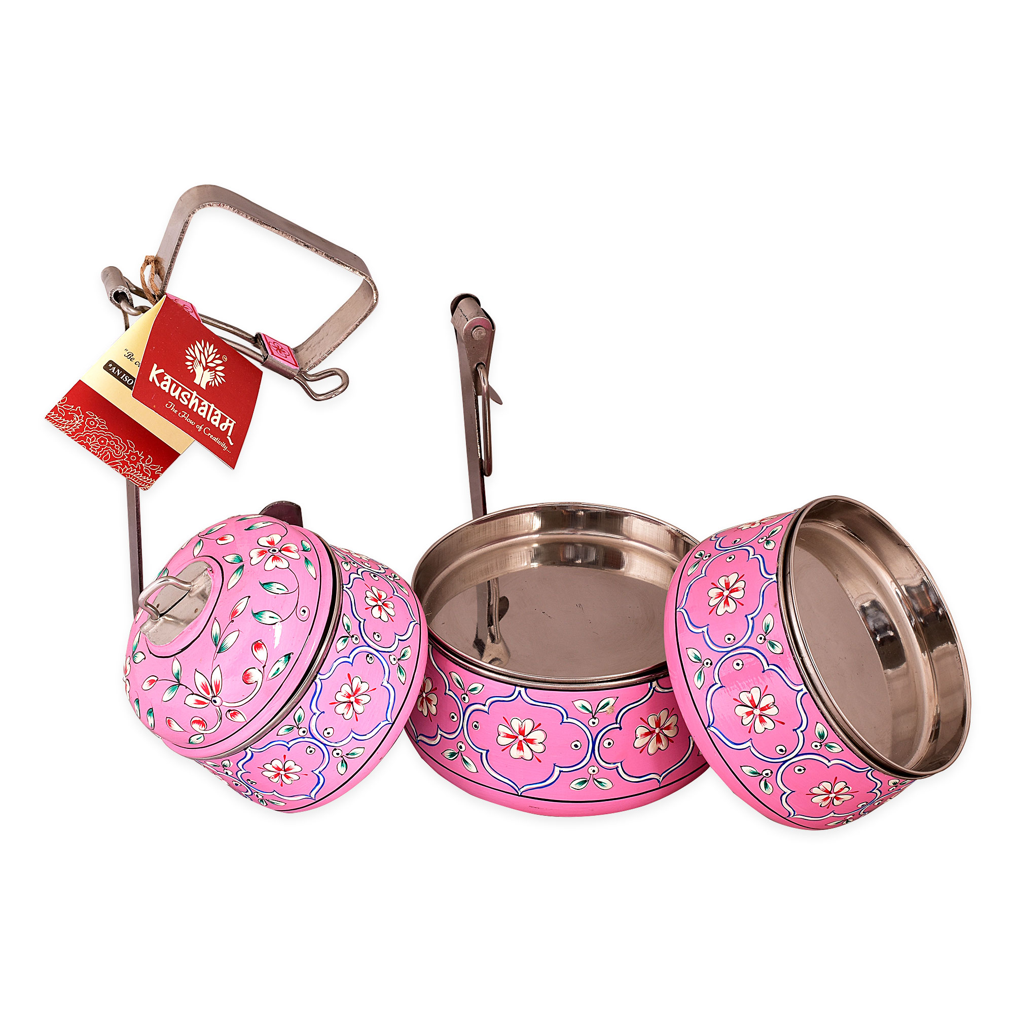 Hand Painted Steel Pyramid Tiffin- 3 Container: Pink