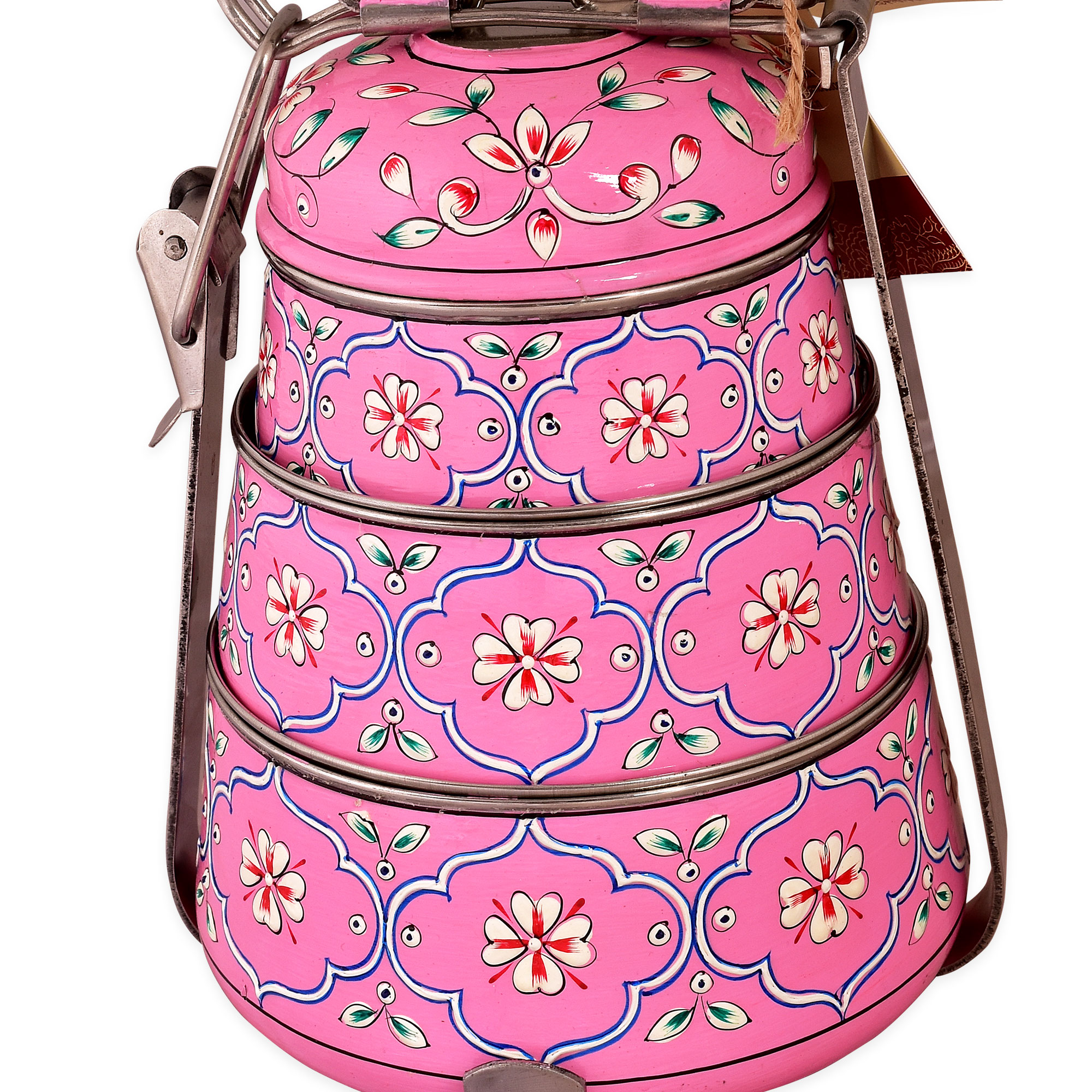 Hand Painted Steel Pyramid Tiffin- 3 Container: Pink Hand Painted Steel Pyramid Tiffin- 3 Container: Pink