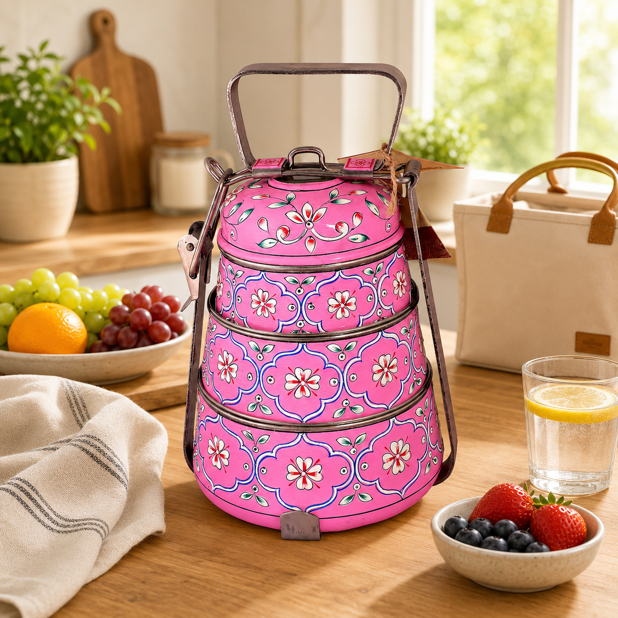 Hand Painted Steel Pyramid Tiffin- 3 Container: Pink
