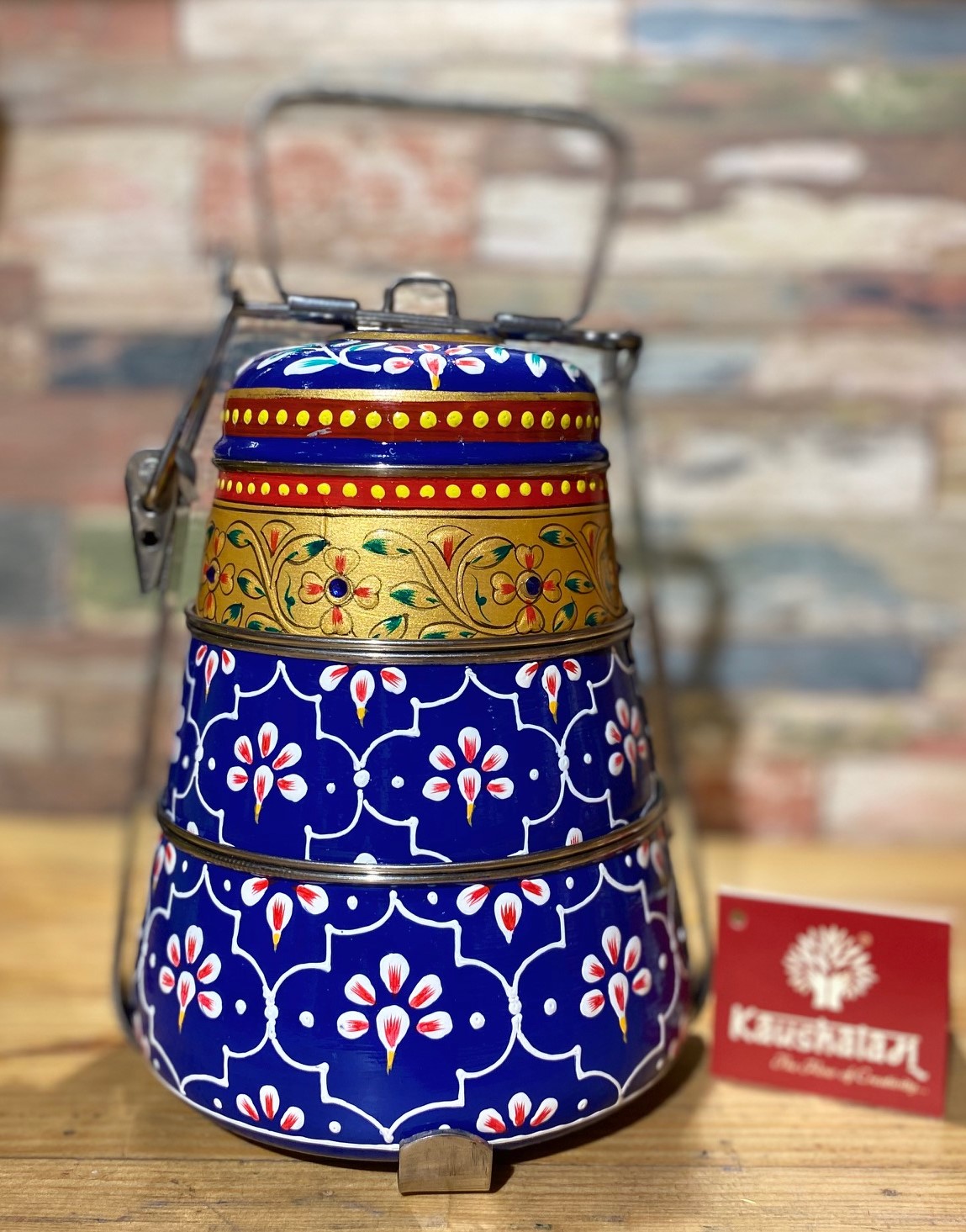 Hand Painted Steel Pyramid Tiffin- 3 Container: Blue Hand Painted Steel Pyramid Tiffin- 3 Container: Blue