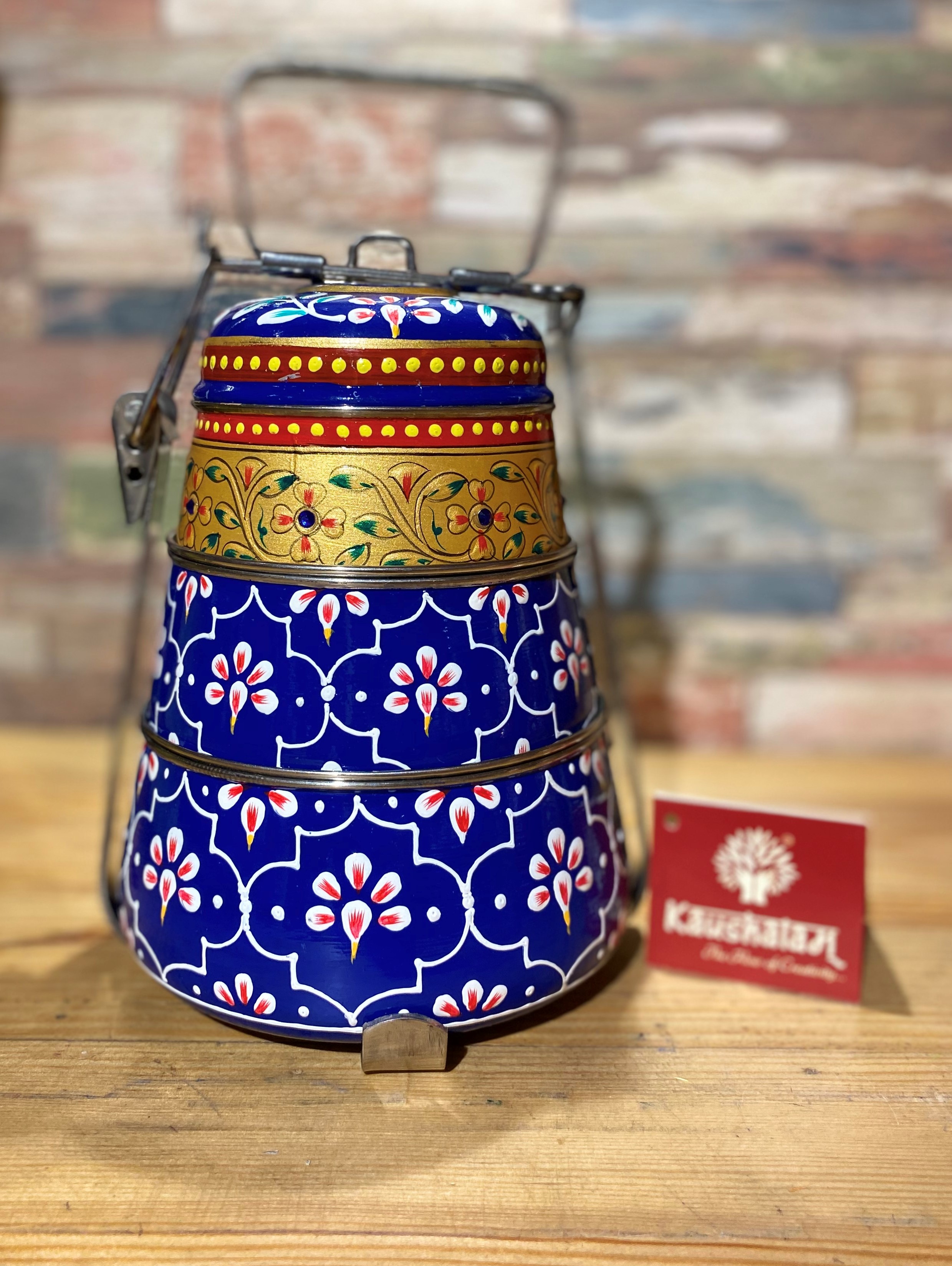 Hand Painted Steel Pyramid Tiffin- 3 Container: Blue