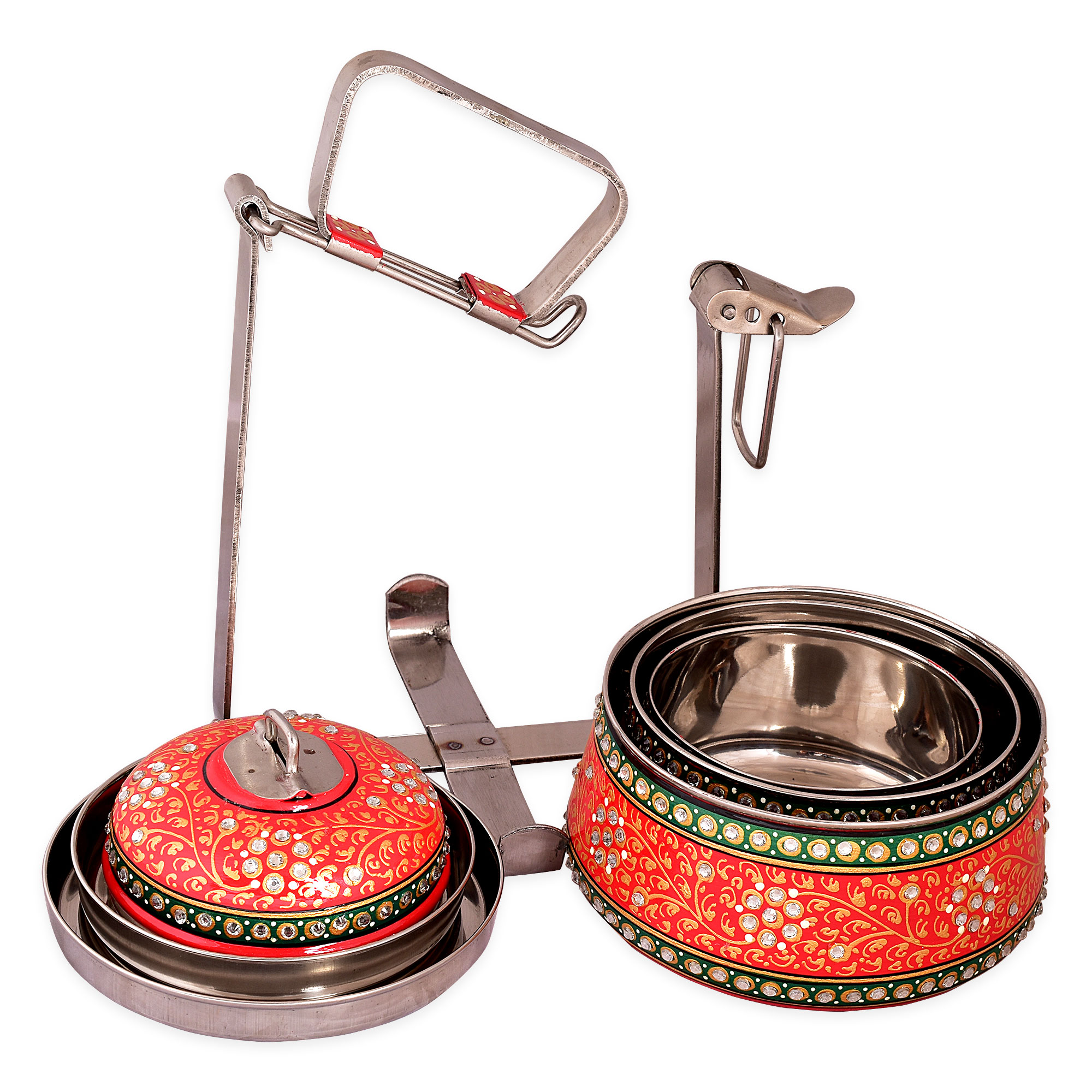Hand Painted Steel Pyramid Tiffin- 3 Container: Red : Majestic