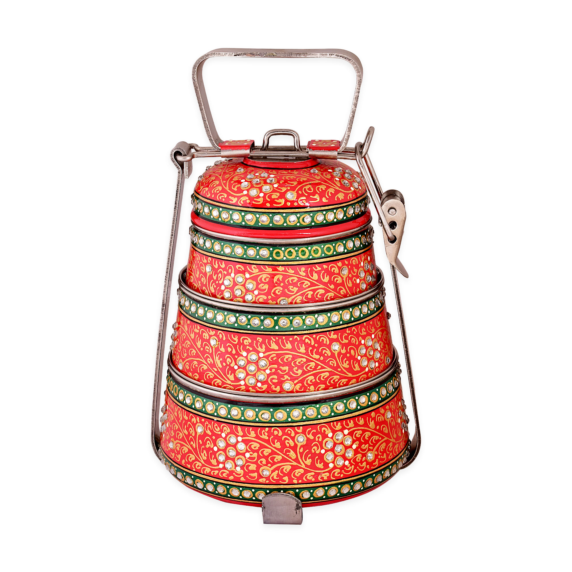 Hand Painted Steel Pyramid Tiffin- 3 Container: Red : Majestic