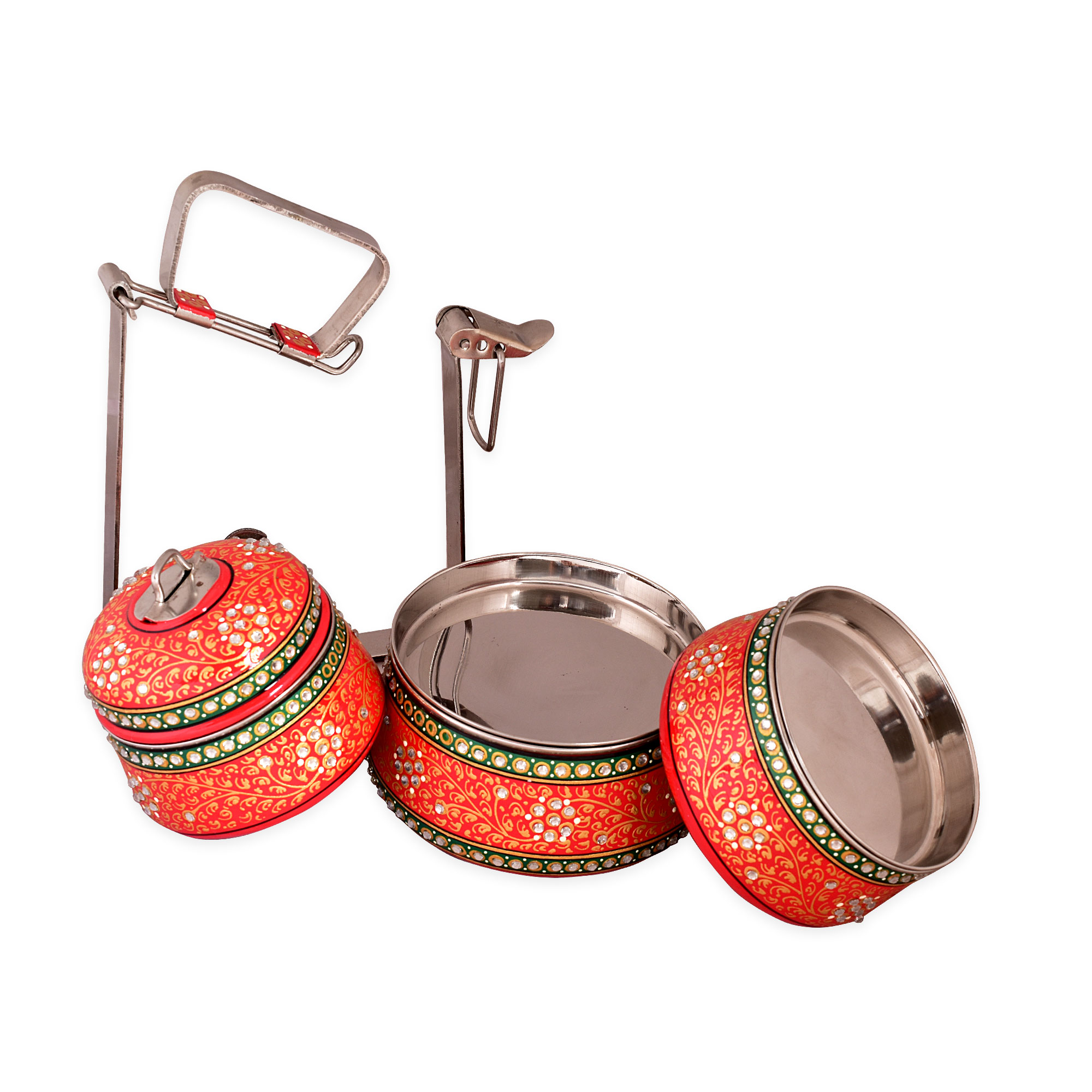 Hand Painted Steel Pyramid Tiffin- 3 Container: Red : Majestic