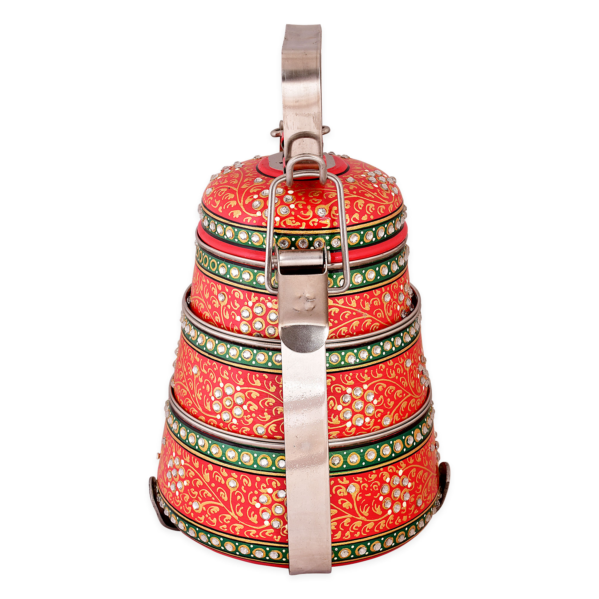 Hand Painted Steel Pyramid Tiffin- 3 Container: Red : Majestic