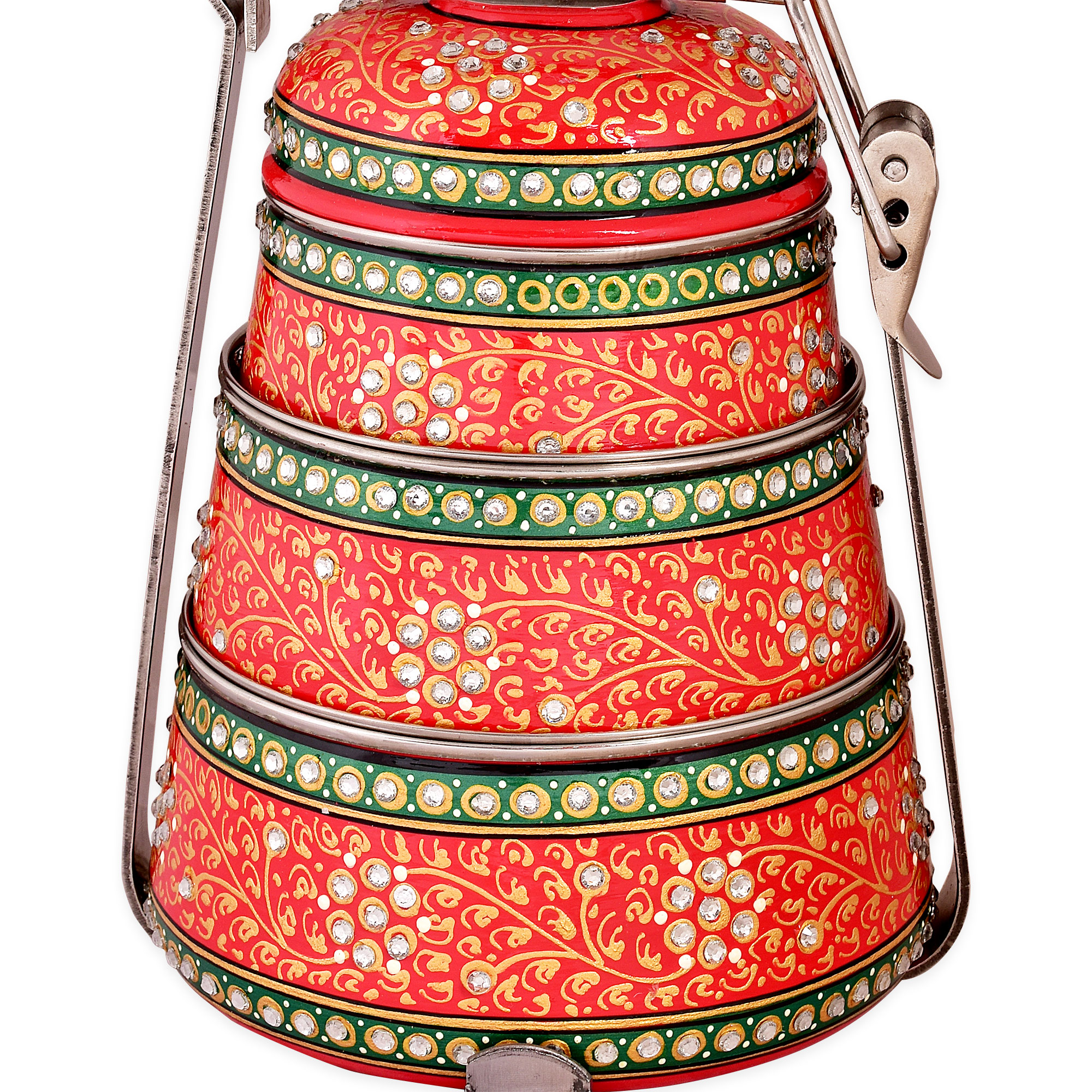 Hand Painted Steel Pyramid Tiffin- 3 Container: Red : Majestic Hand Painted Steel Pyramid Tiffin- 3 Container: Red : Majestic
