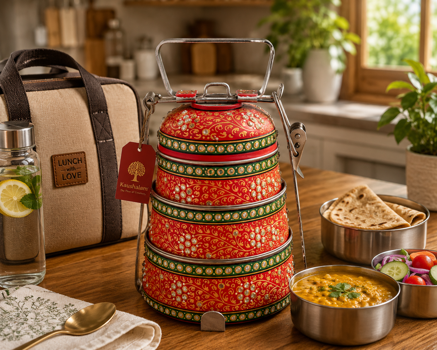 Hand Painted Steel Pyramid Tiffin- 3 Container: Red : Majestic