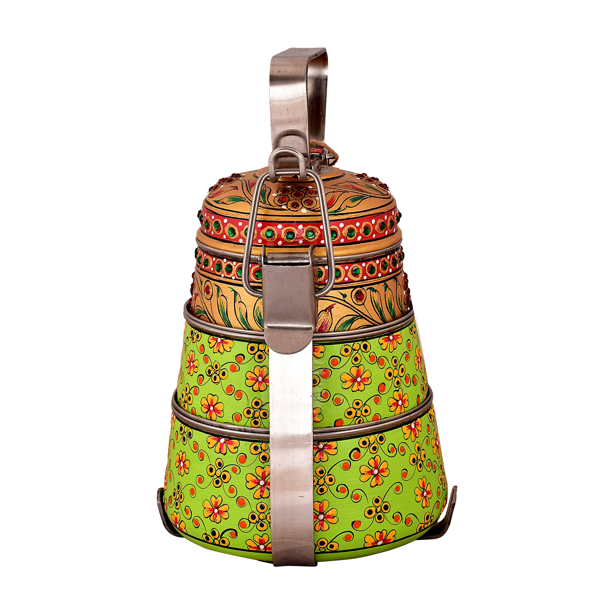 Hand Painted Steel Pyramid Tiffin- 3 Container: Parrot Green