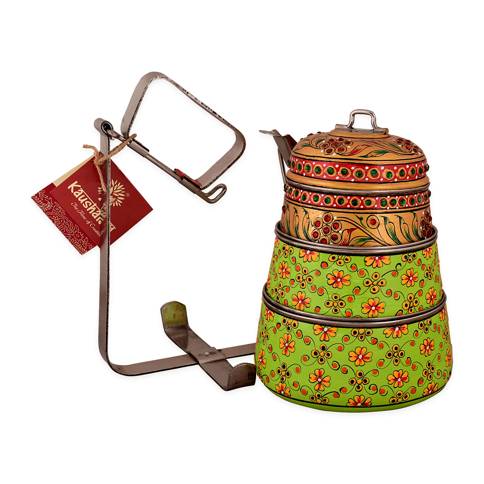 Hand Painted Steel Pyramid Tiffin- 3 Container: Parrot Green