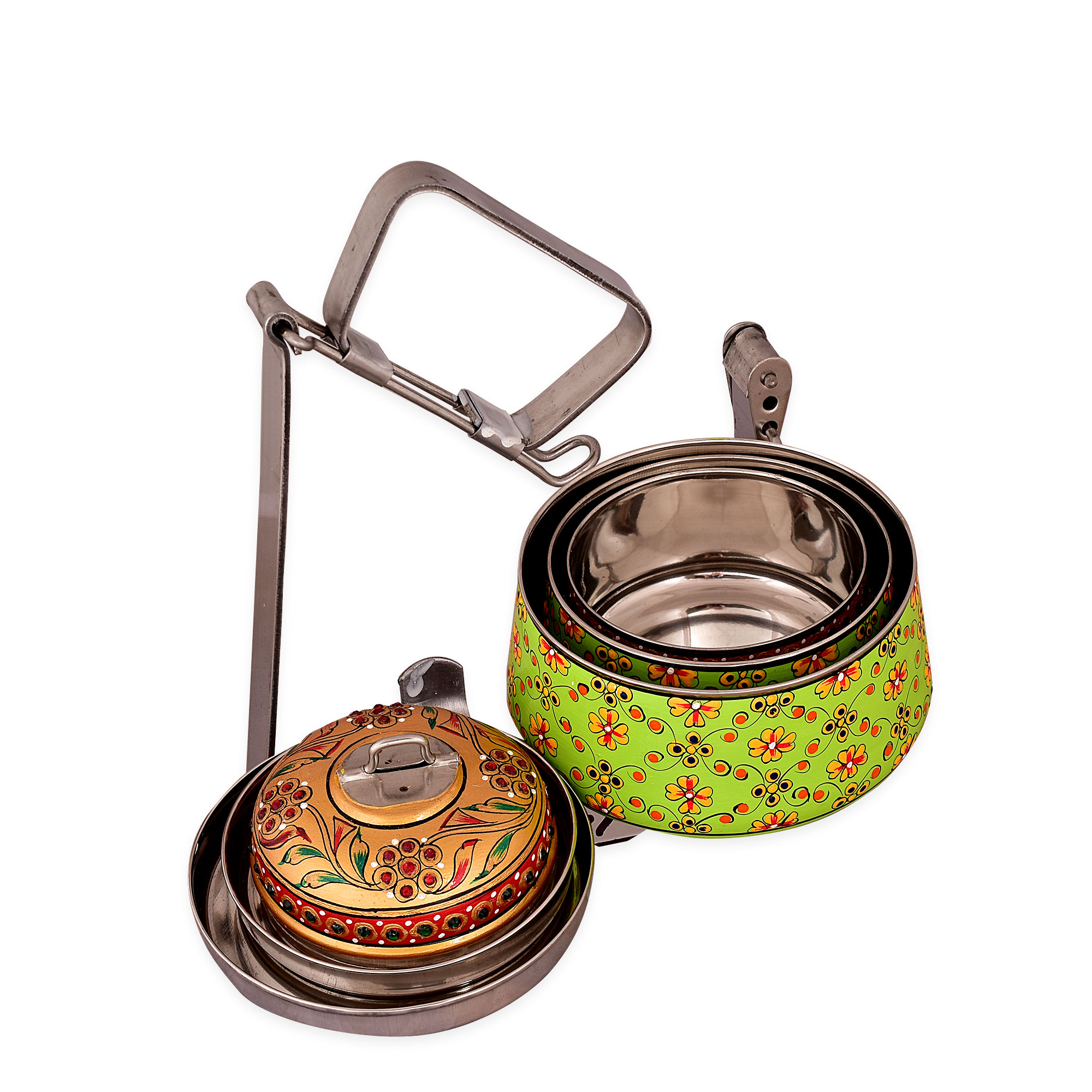 Hand Painted Steel Pyramid Tiffin- 3 Container: Parrot Green