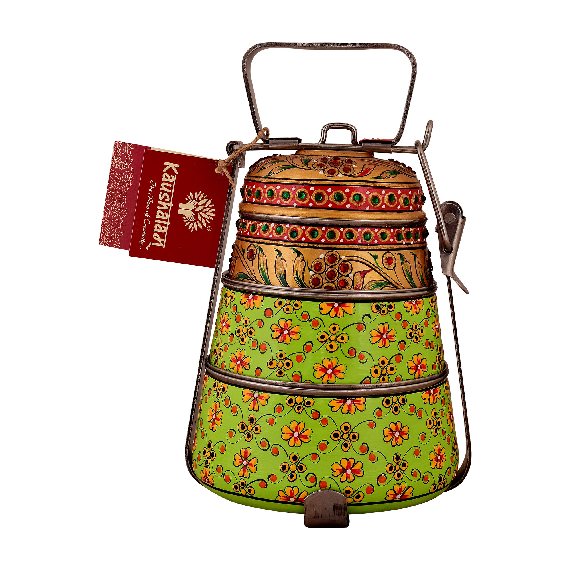 Hand Painted Steel Pyramid Tiffin- 3 Container: Parrot Green