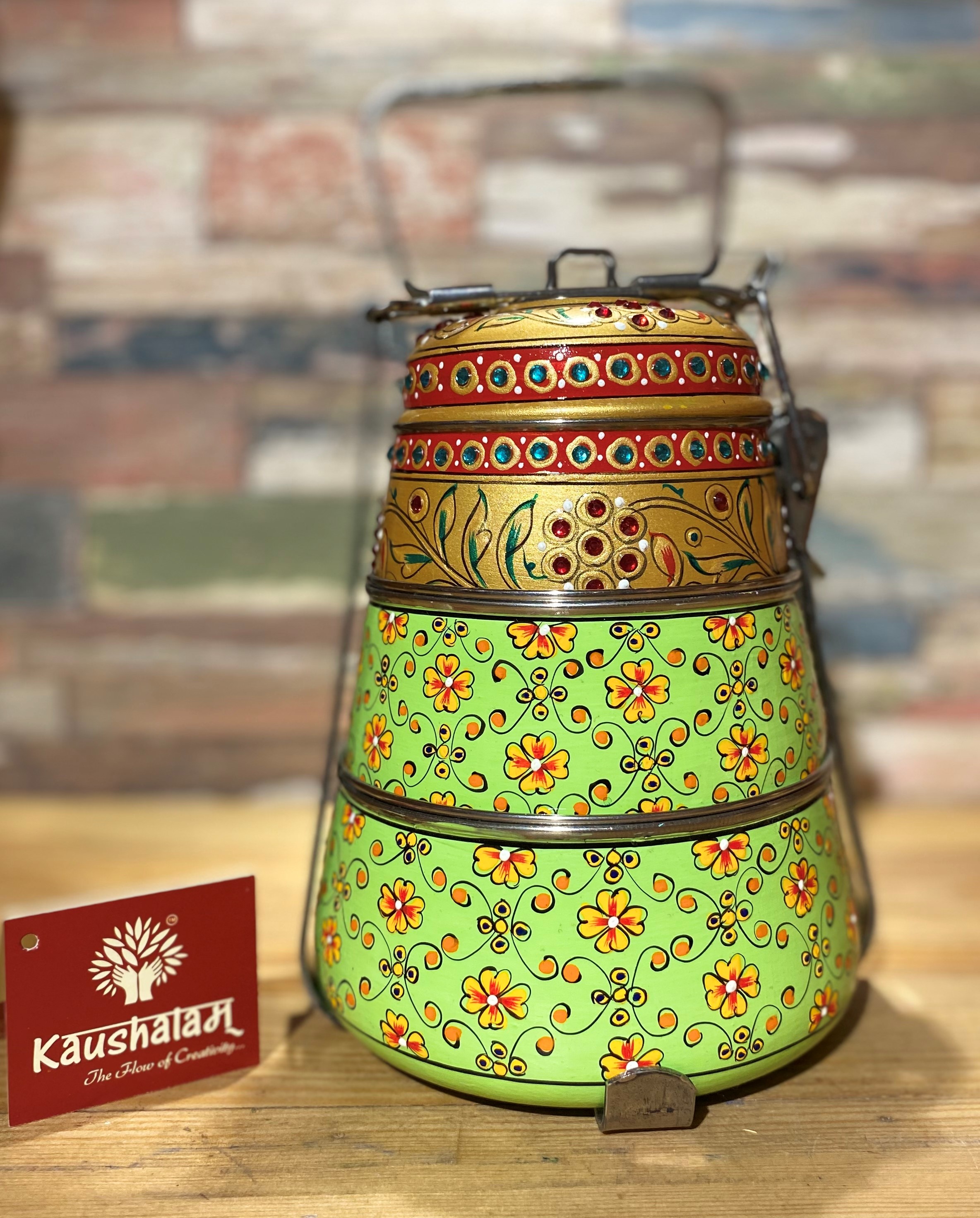 Hand Painted Steel Pyramid Tiffin- 3 Container: Parrot Green
