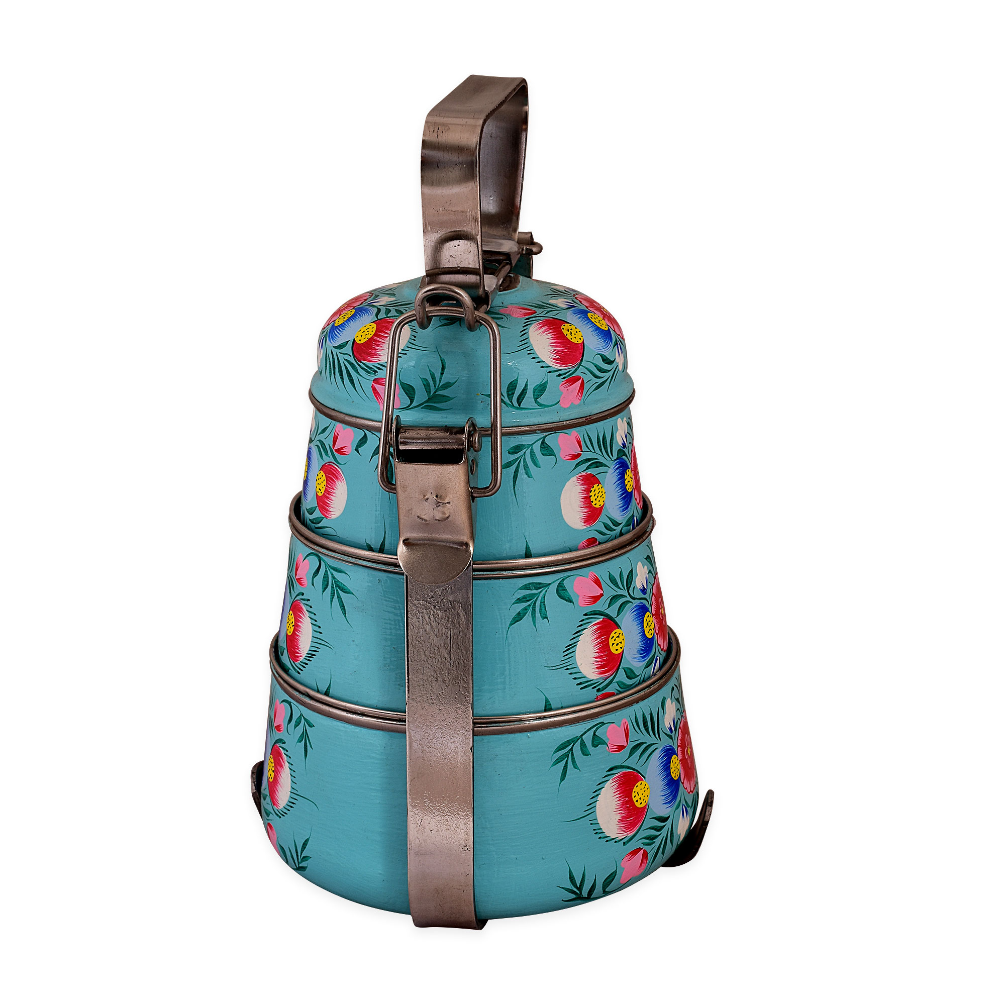 Hand Painted Steel Pyramid Tiffin- 3 Container: Turquoise Floral