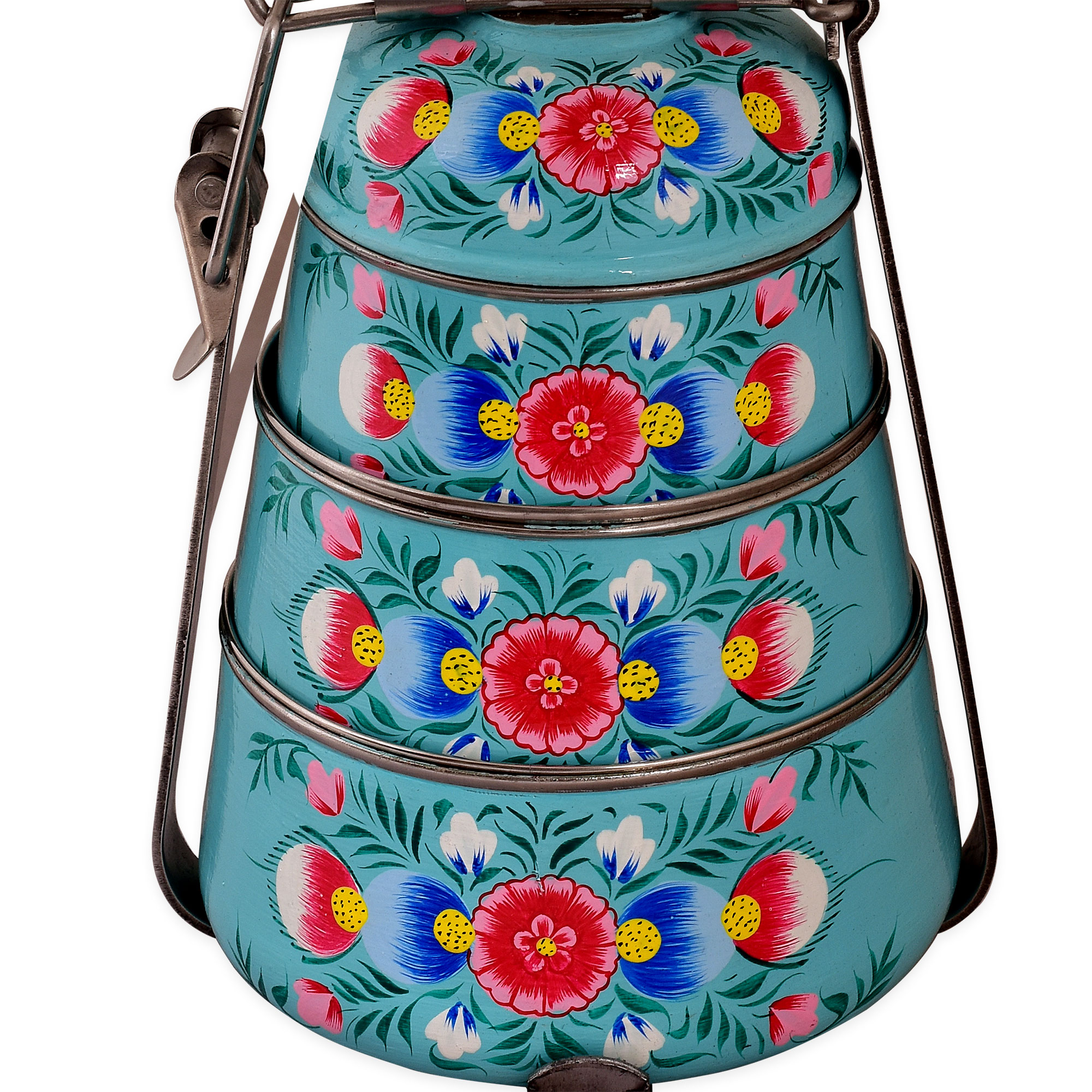 Hand Painted Steel Pyramid Tiffin- 3 Container: Turquoise Floral