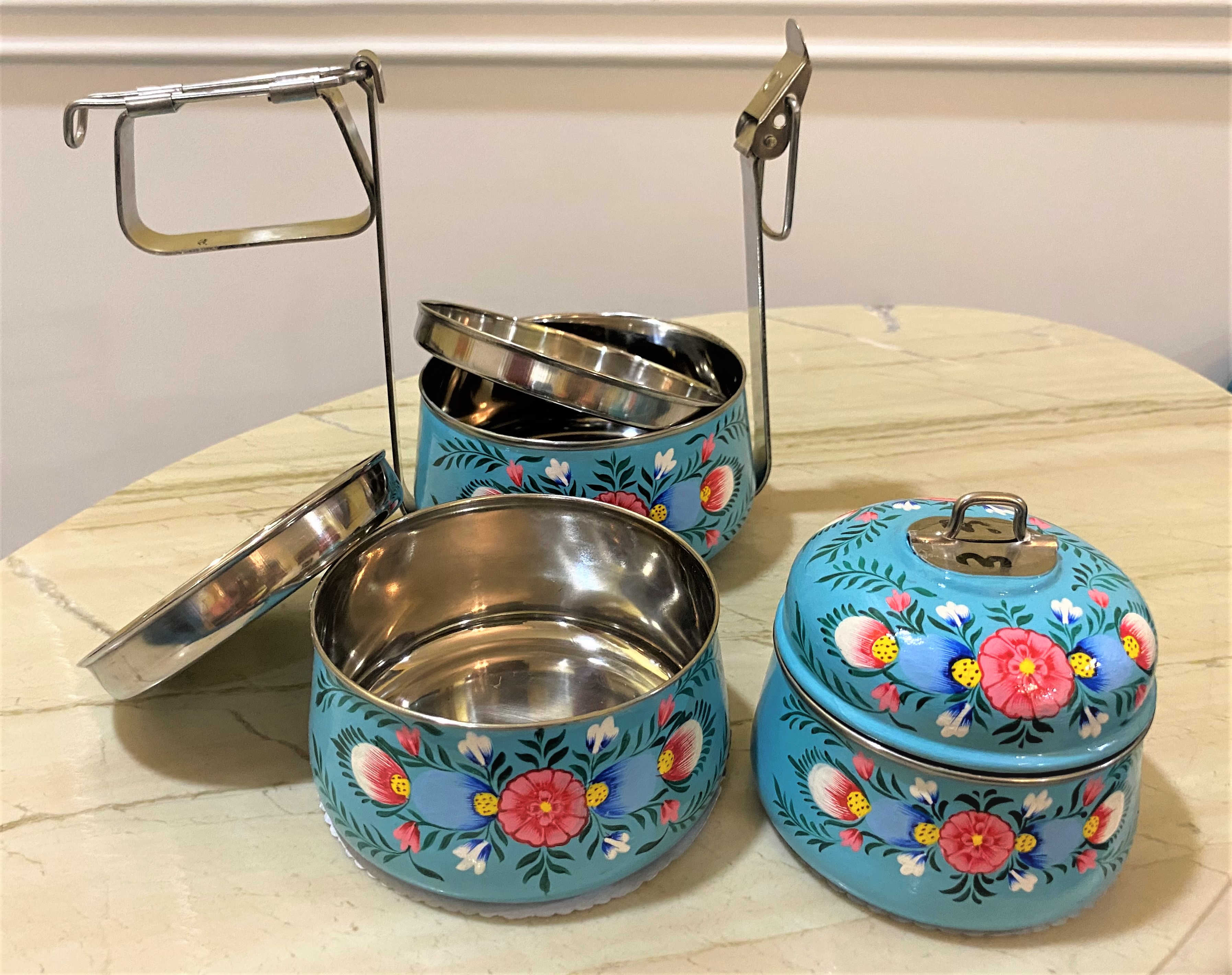 Hand Painted Steel Pyramid Tiffin- 3 Container: Turquoise Floral