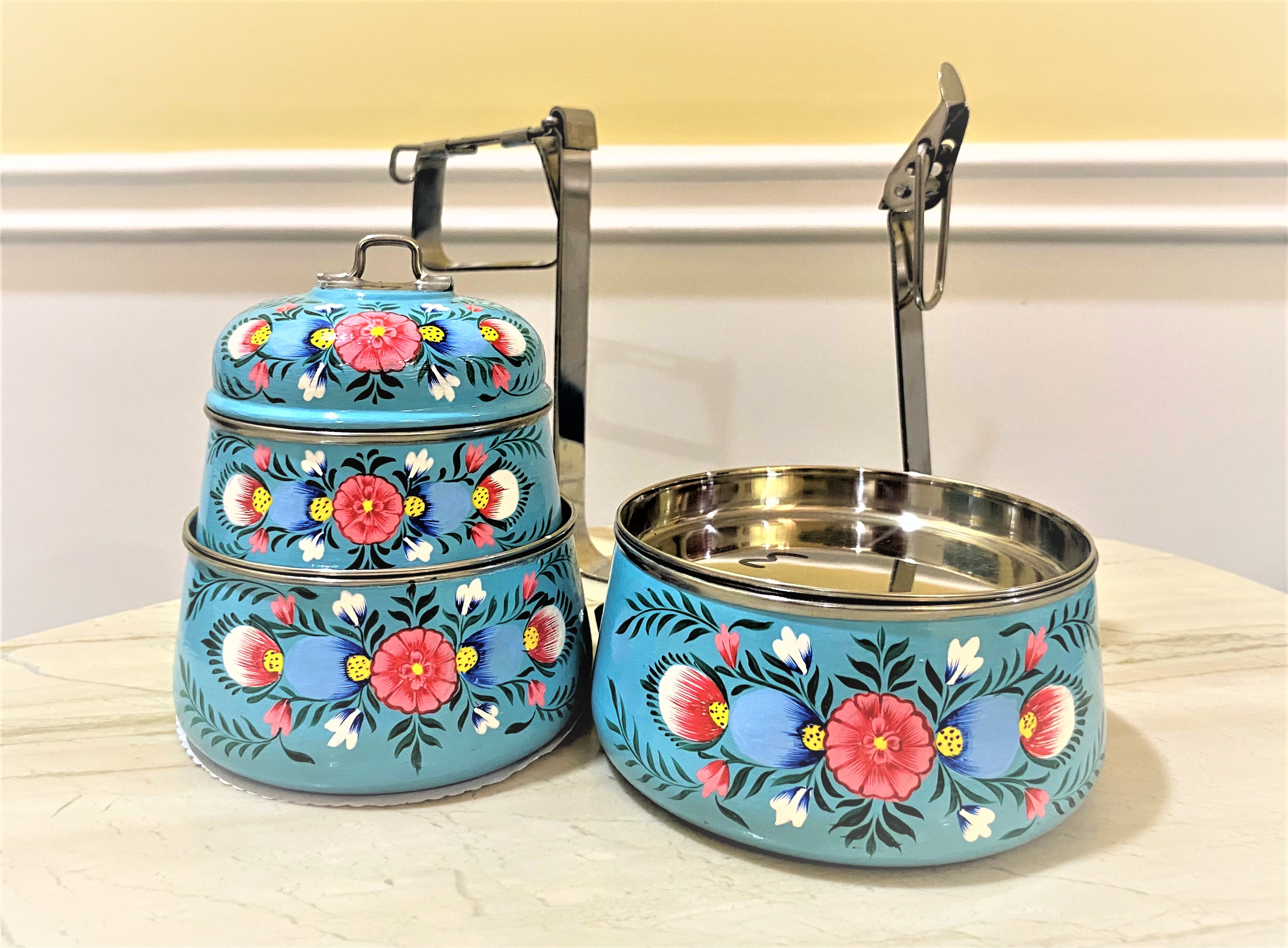Hand Painted Steel Pyramid Tiffin- 3 Container: Turquoise Floral